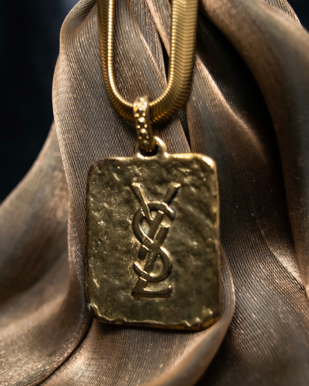"Yves Saint Laurent" YSL logo plate gold necklace