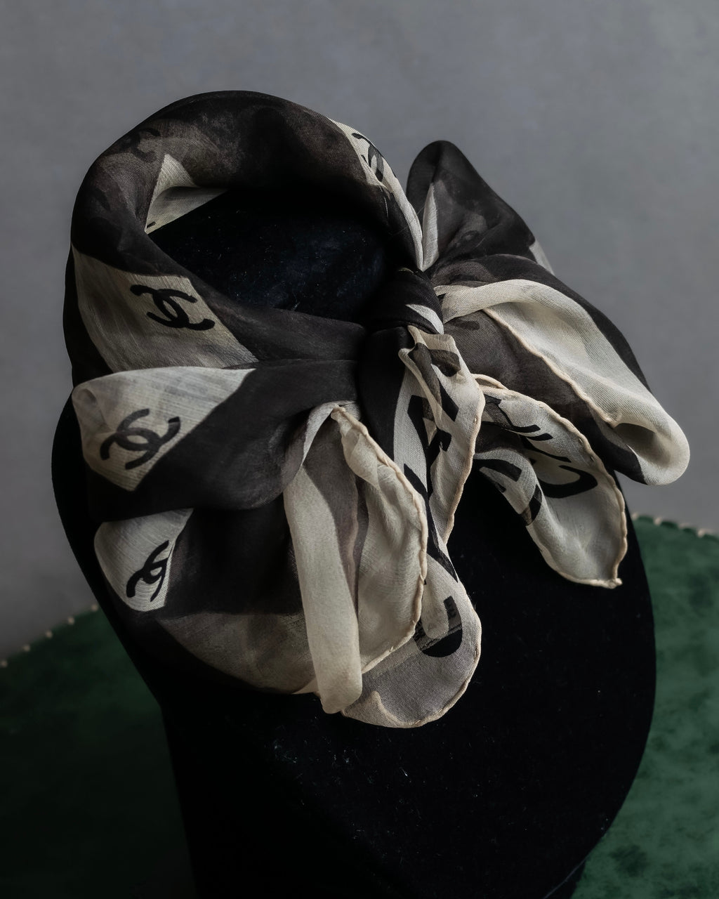 "CHANEL" Coco mark grid pattern silk scarf