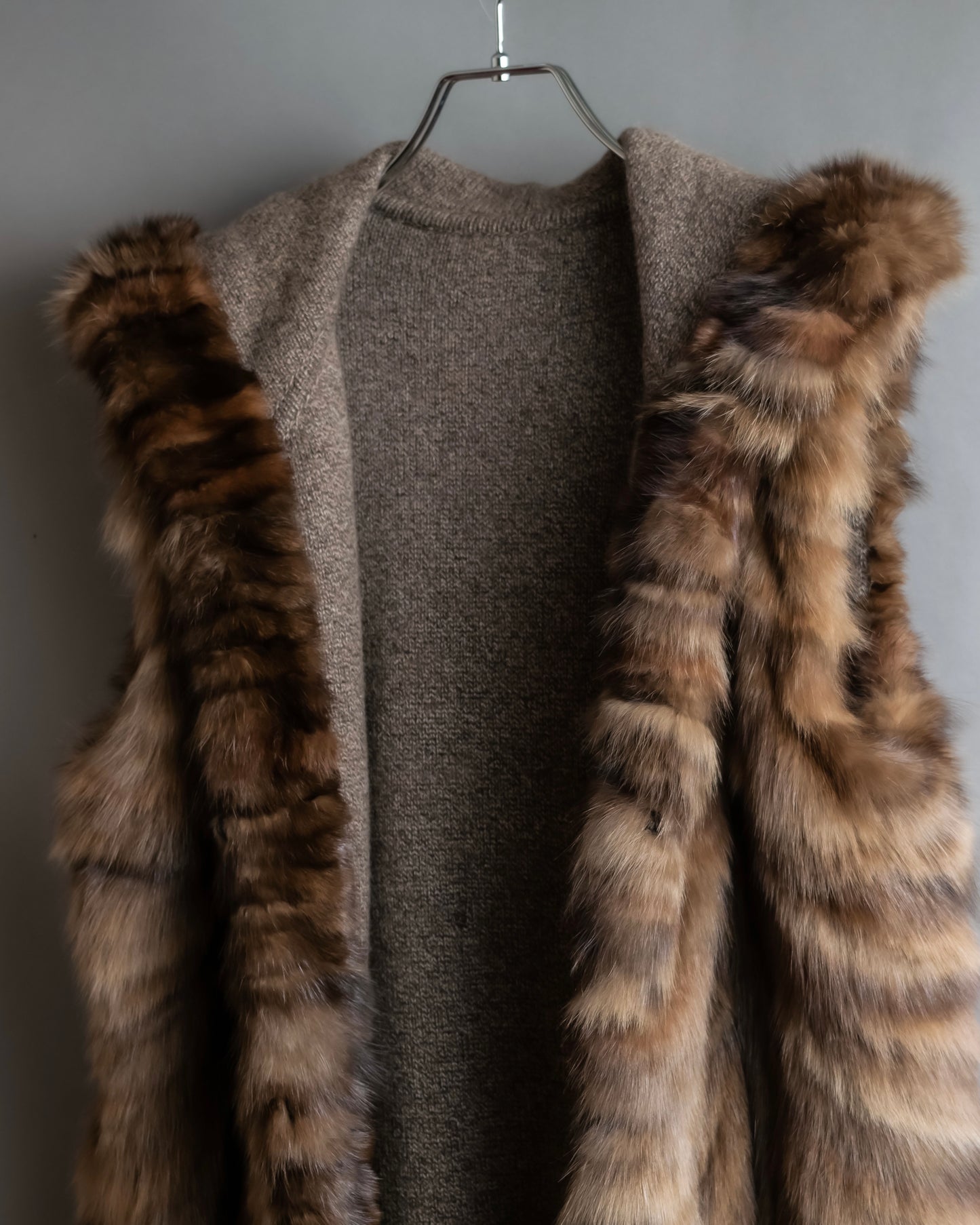 Vintage cashmere knit fur dogged reversible long gilet