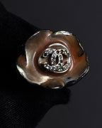 "CHANEL" Camellia motif rhinestone logo design ring