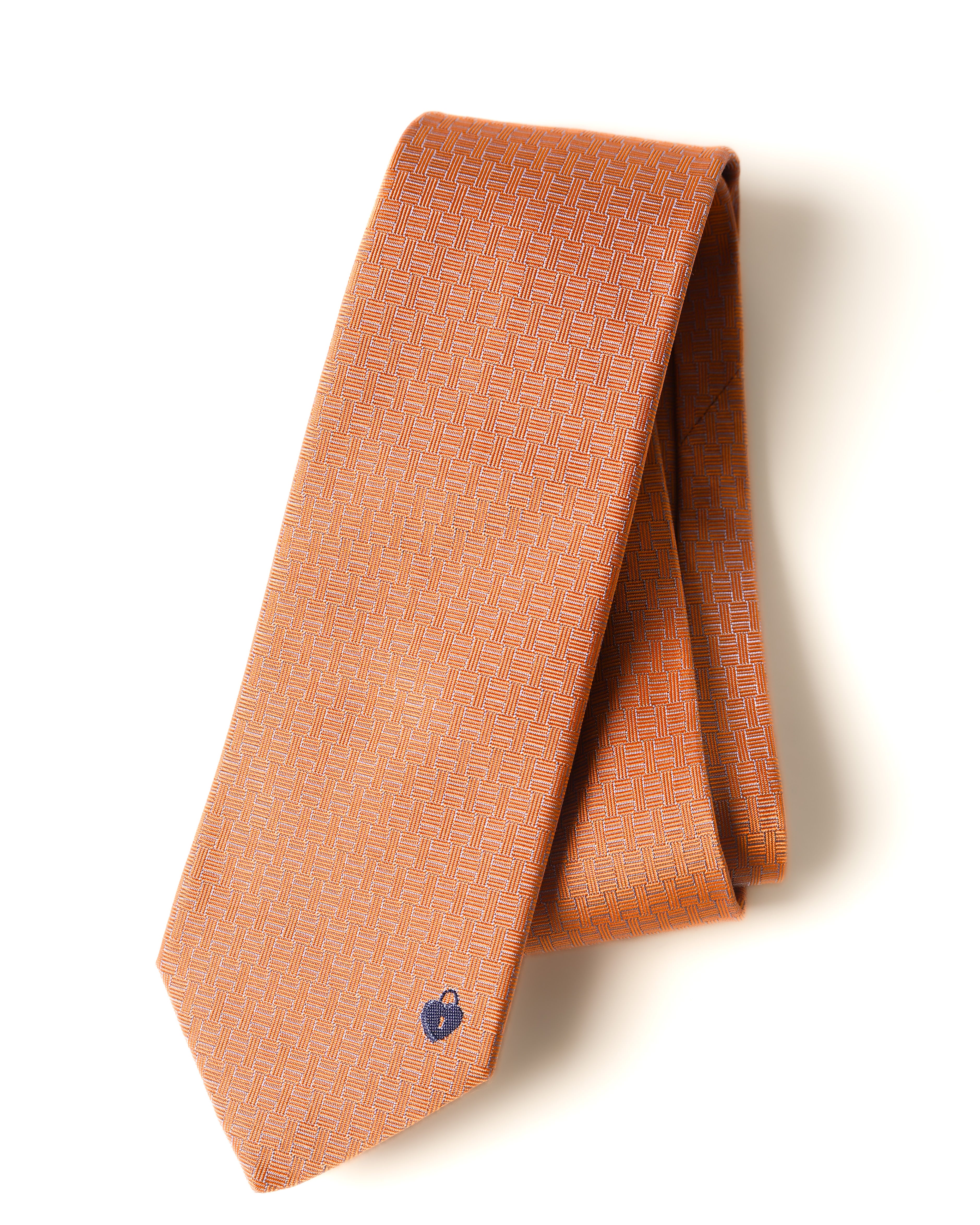 HERMES/ Heart Lock Motif H Patterned Silk Tie Orange
