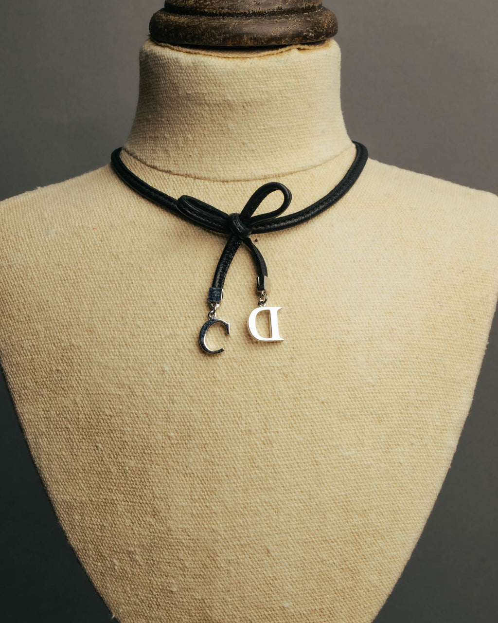 "Christian Dior" Ribbon charm leather cord choker necklace