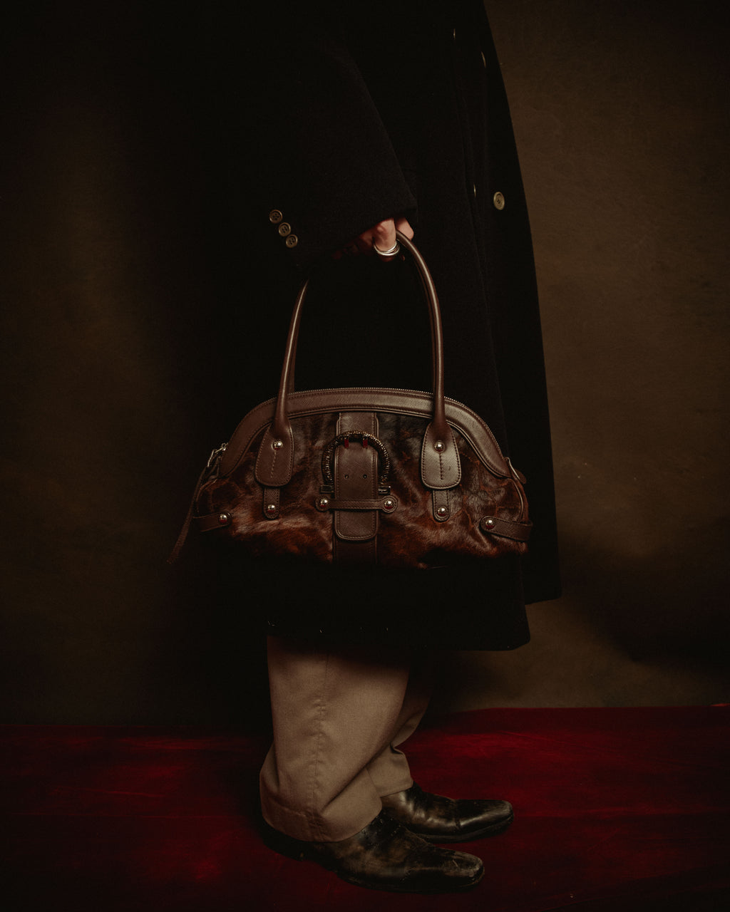 –SPECIAL– "Salvatore Ferragamo" 00’s calf hair gancini rattan accent handbag