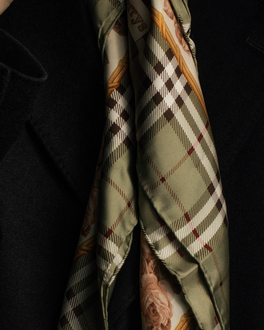 "BURBERRYS" Rose motif layered check pattern silk scarf