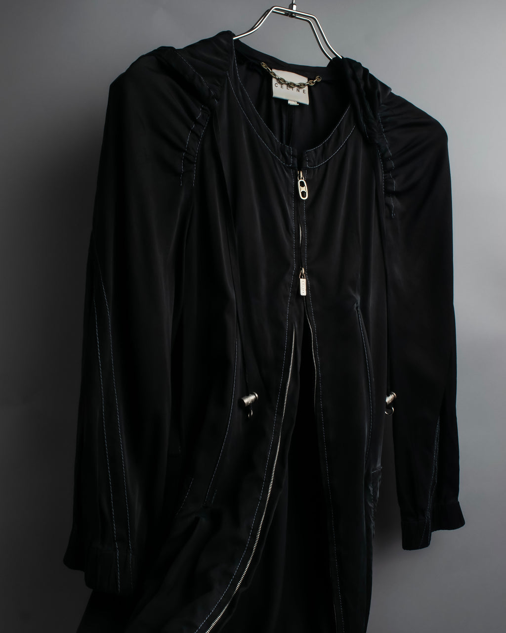 "CELINE" Gathered design hooded double zipper dress