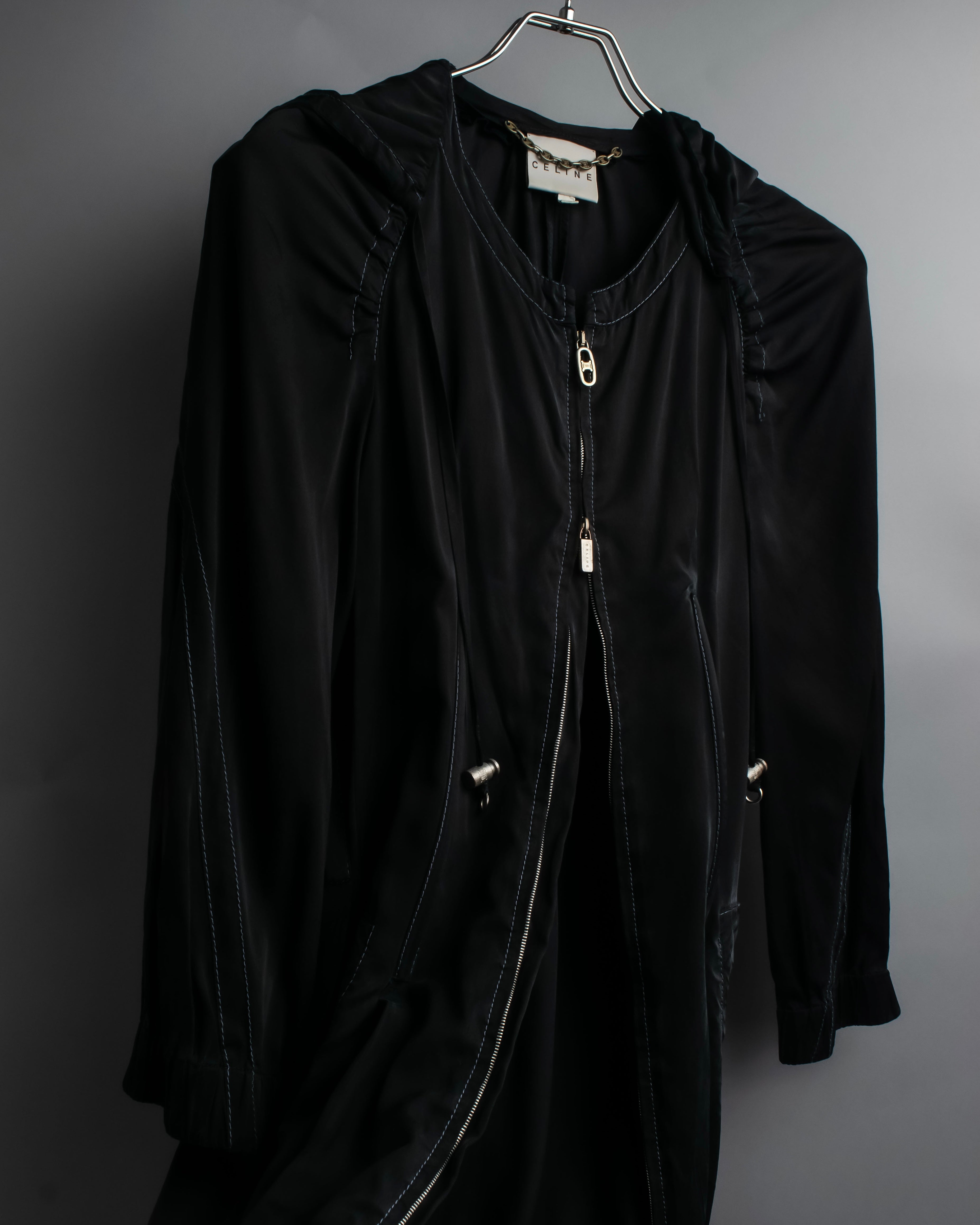 "CELINE" Gathered design hooded double zipper dress