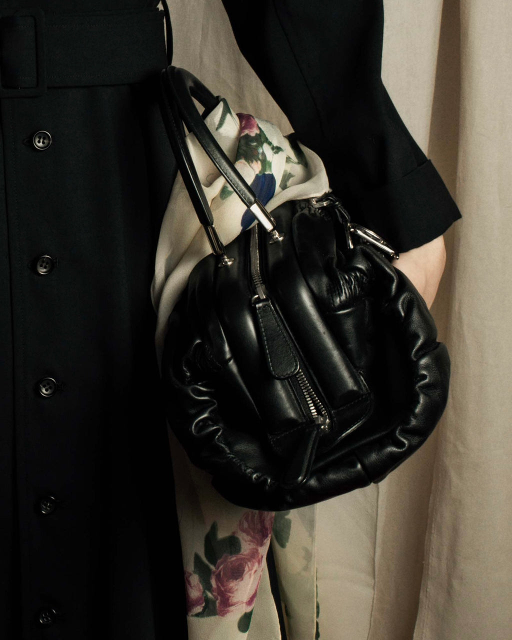 "Christian Dior" CD motif charm design gathered leather hand bag