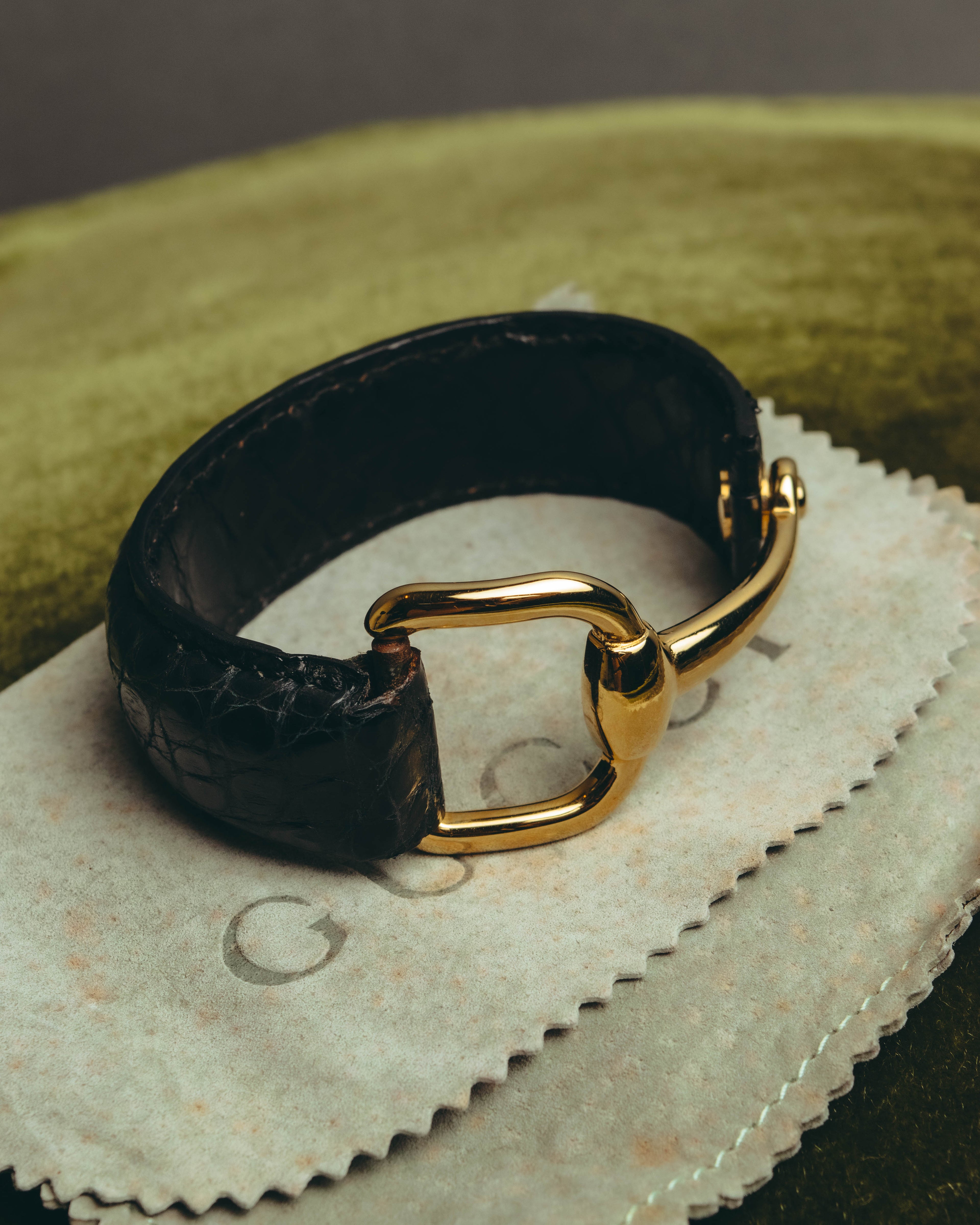-SPECIAL- "GUCCI" 70's-80's Iconic horsebit crocodile leather cuff bangle