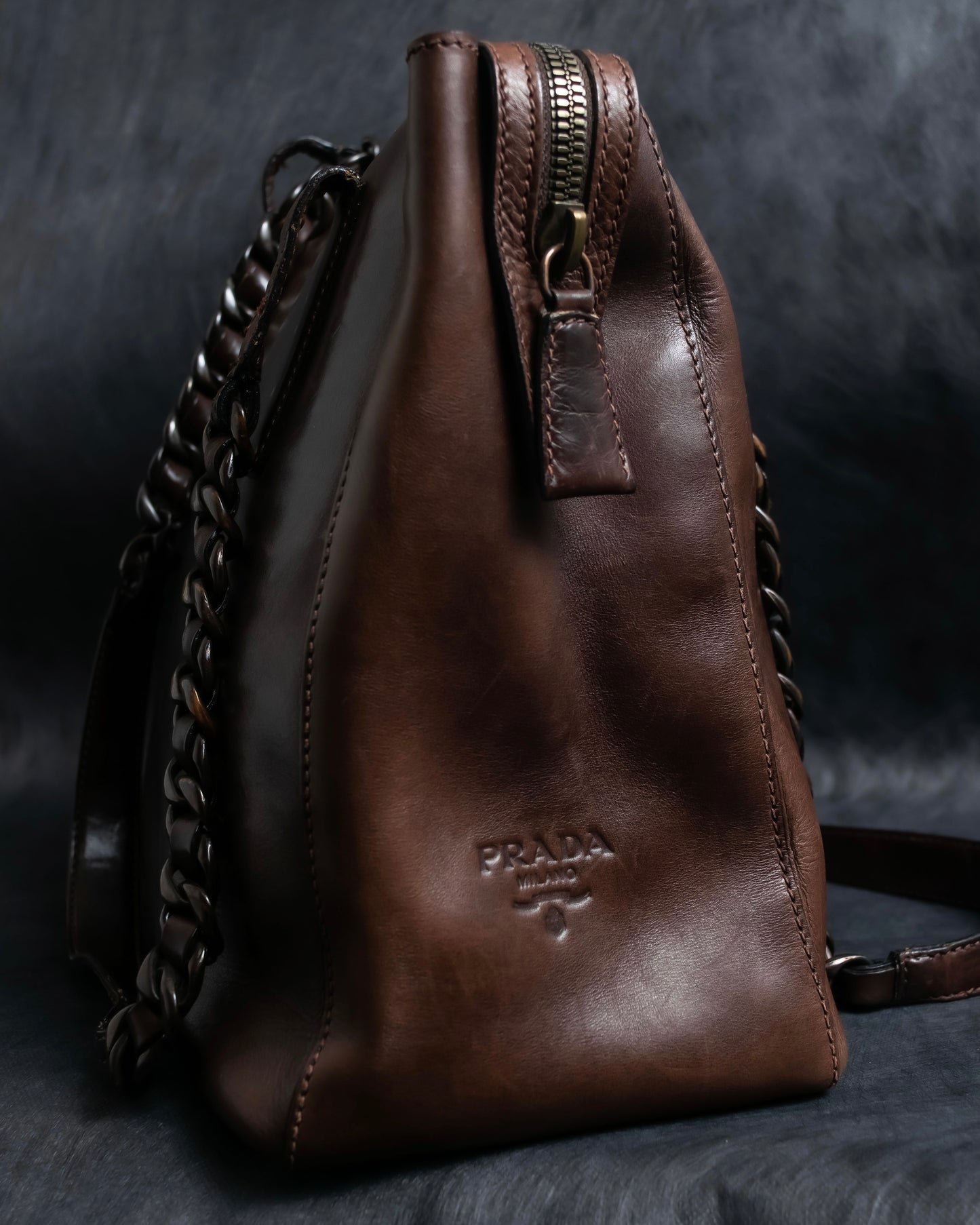 "PRADA" Brown leather chain shoulder bag