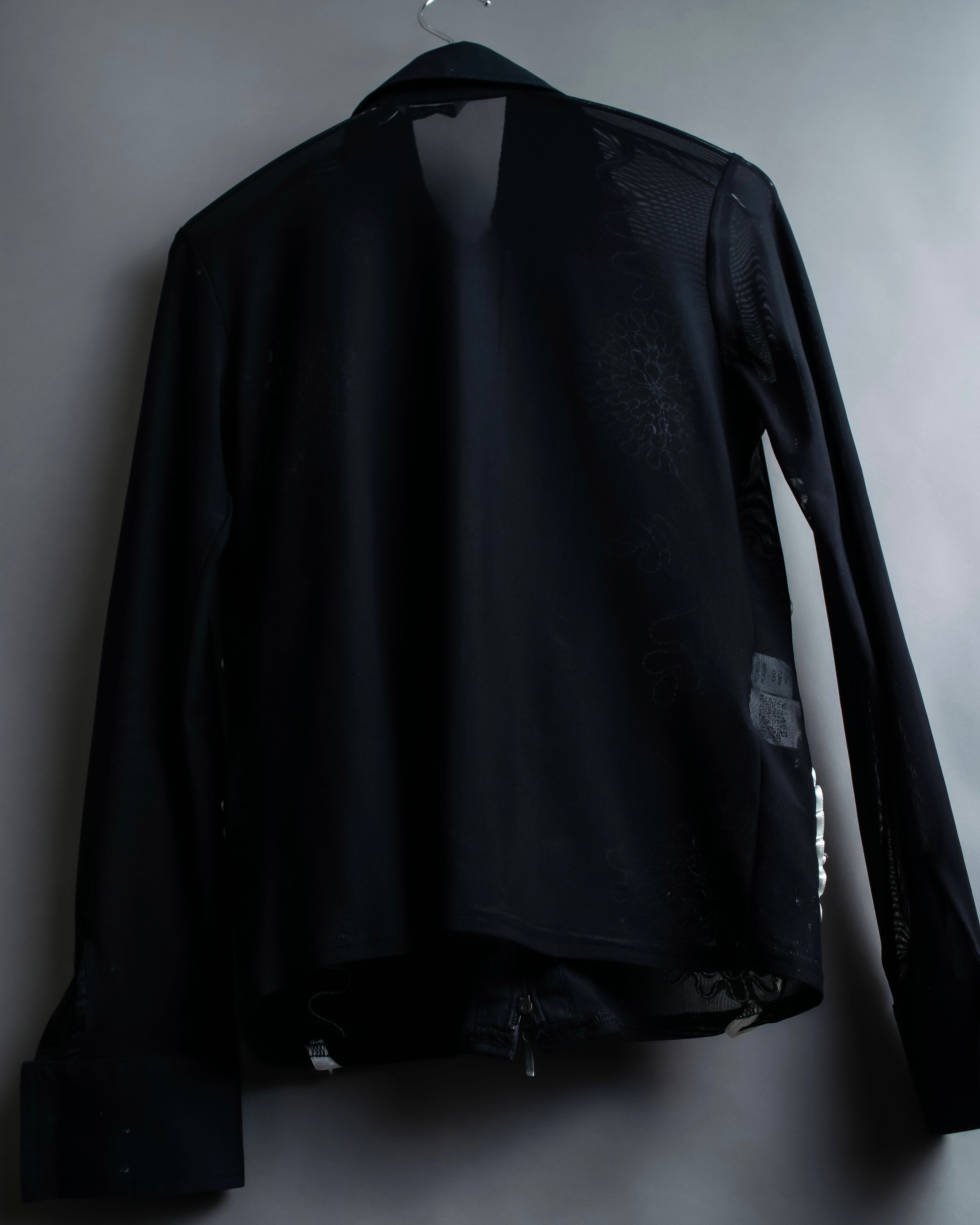 Vintage double zip ribbon flower design sheer jacket