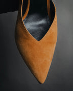 "HERMES" 00’s-10’s Suede V-cut  sculptural wood heel pumps