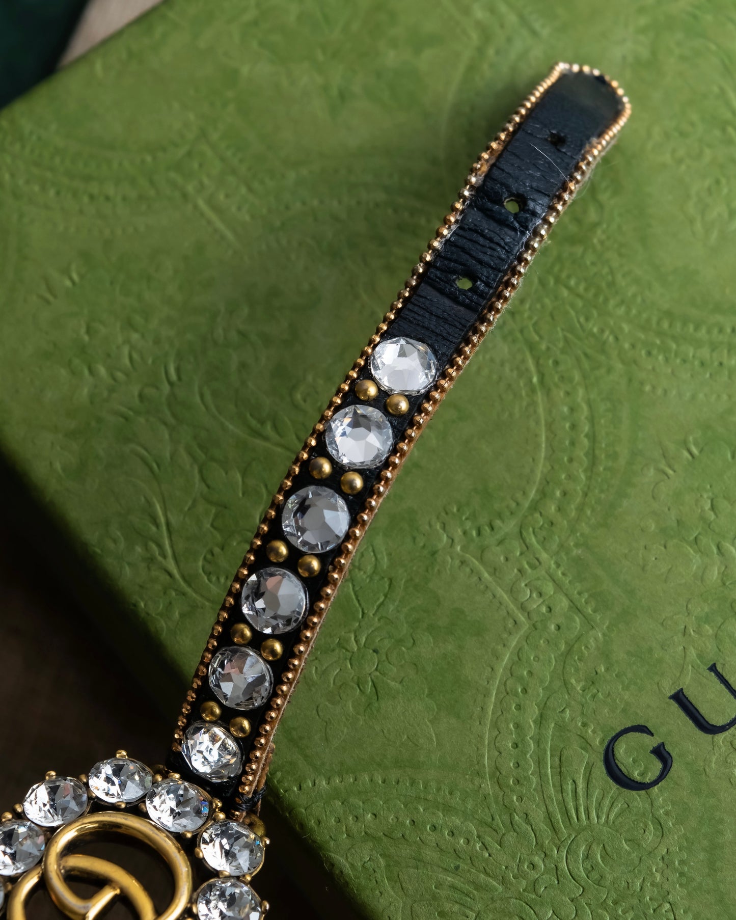 "GUCCI" Double G motif rhinestone leather bracelet