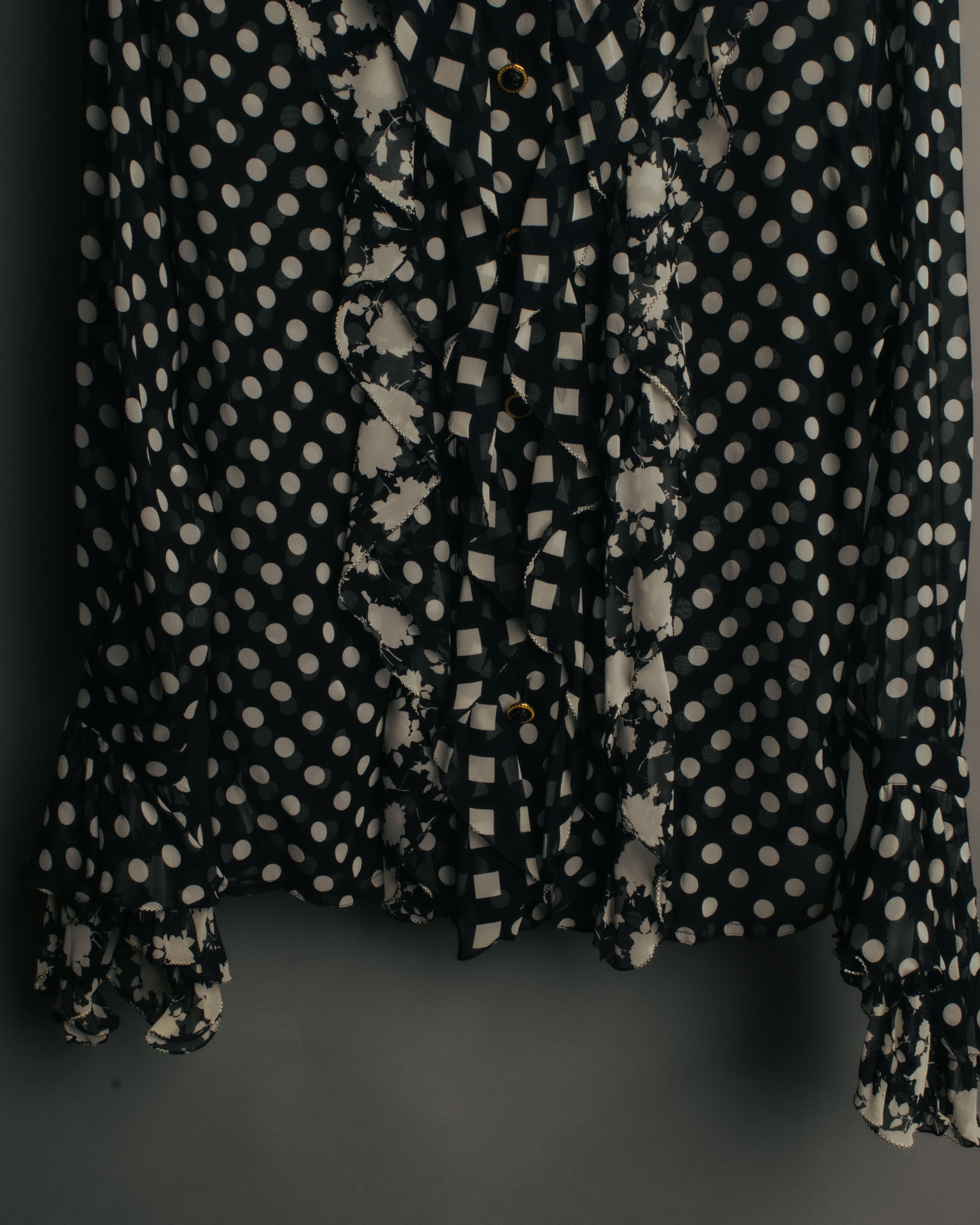 “GIANNI VERSACE COUTURE” 90’s Sheer mixed pattern ruffle blouse