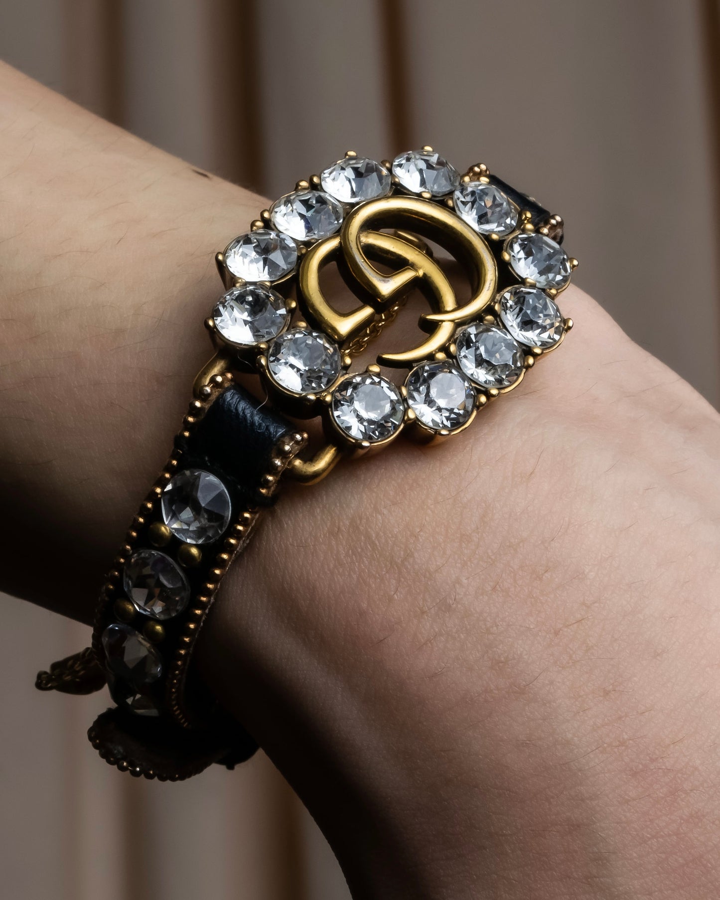 "GUCCI" Double G motif rhinestone leather bracelet