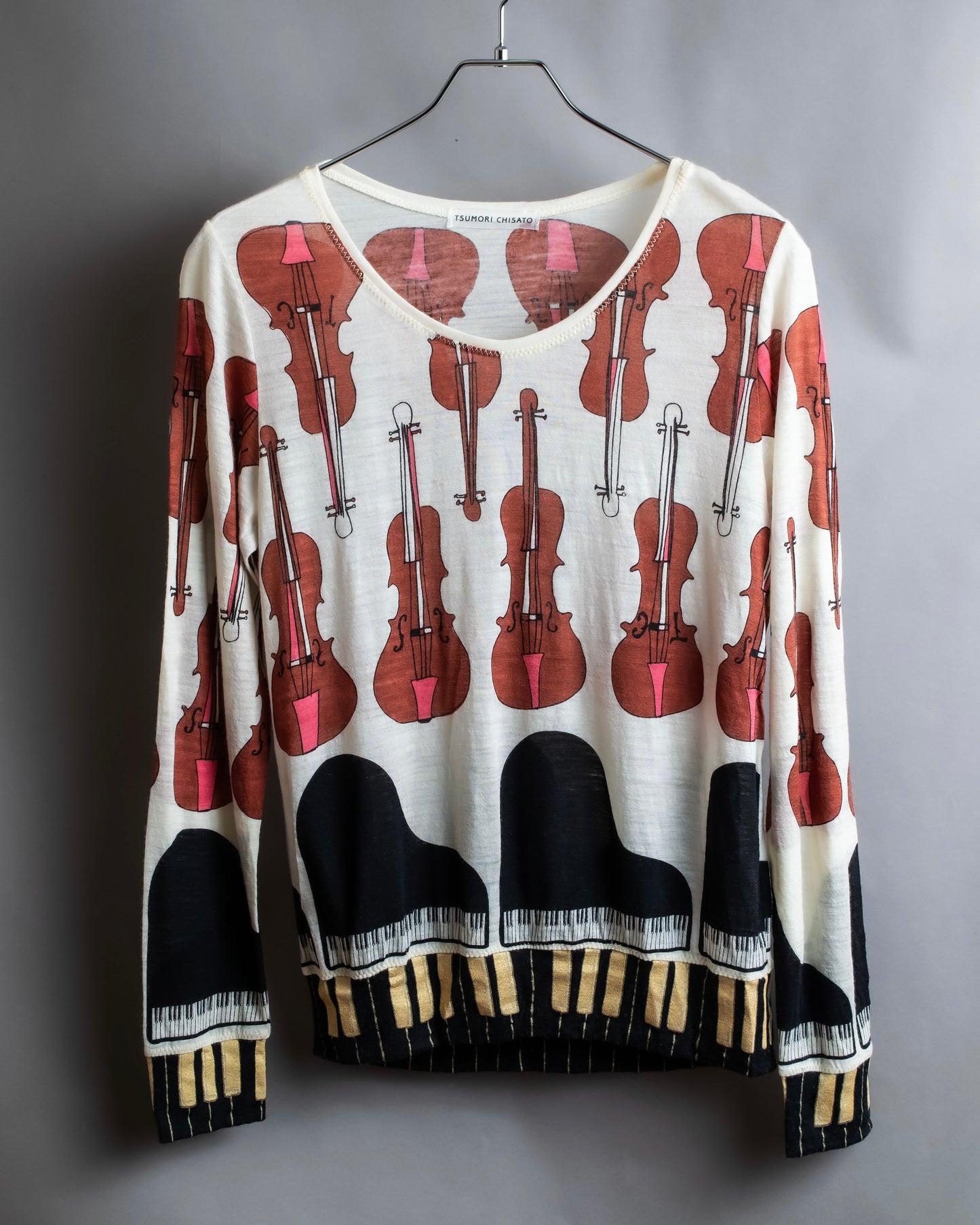 "TSUMORI CHISATO" Musical instrument pattern box silhouette long sleeve knit T-shirt