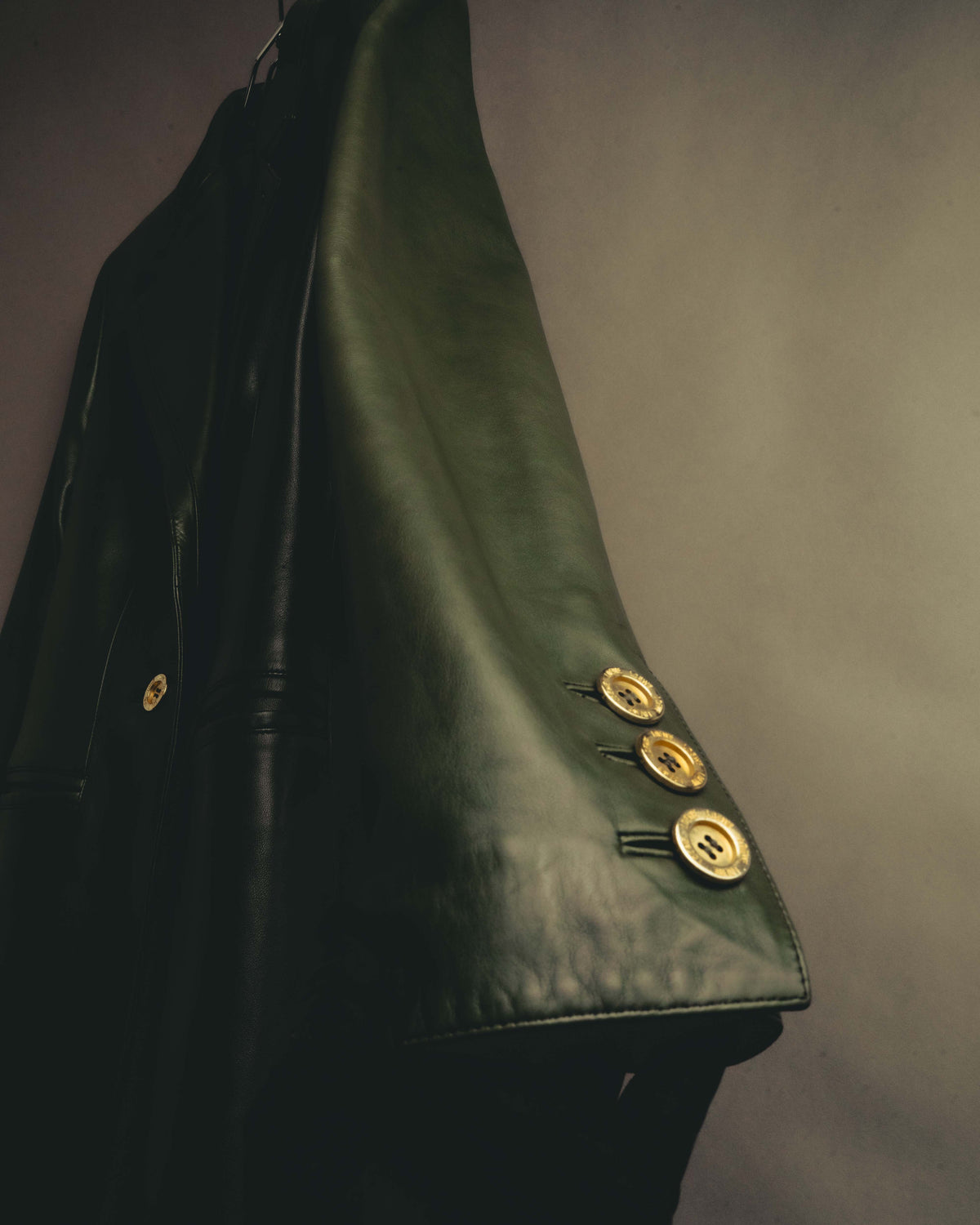 -SPECIAL- “LOEWE” 80’s-90’s Gold buttoned olive leather double-breasted tailored jacket