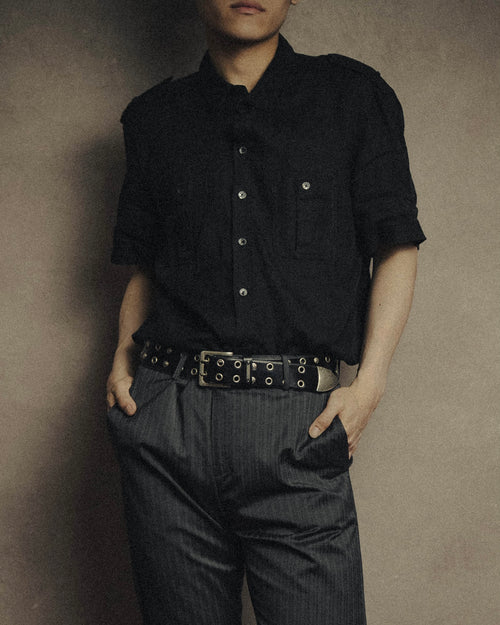 -MOOD MILLÉSIMES- 00’s black linen epaulet half-sleeve shirt by “ARMANI COLLEZIONI”