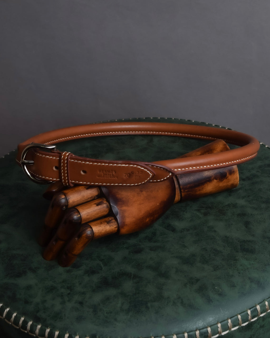 "HERMES" Hand stitched contrast saddle leather belt