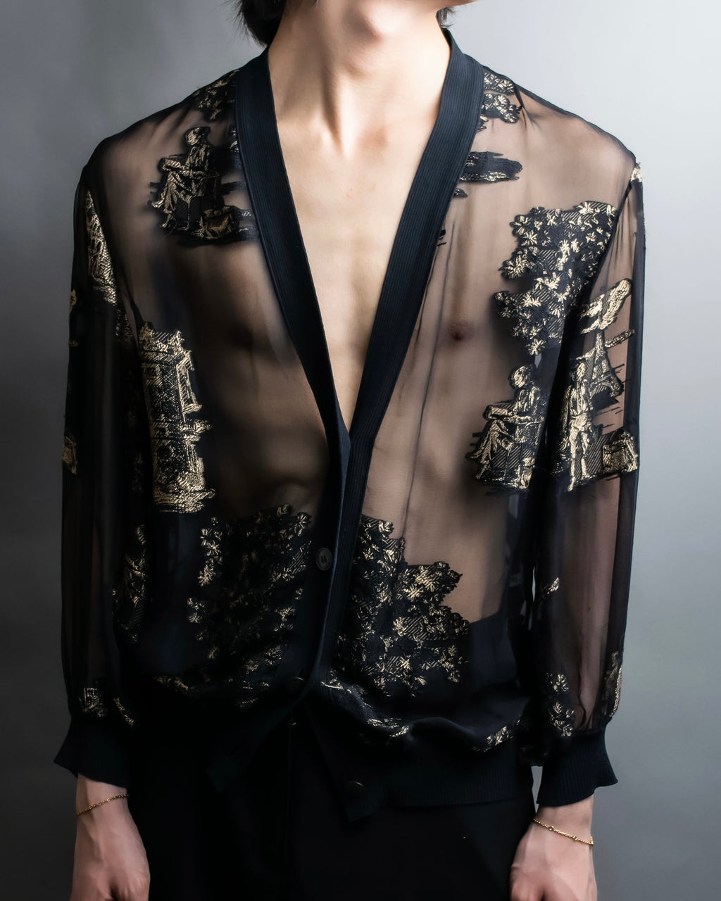 "HERMES" Embroidered design see through cardigan