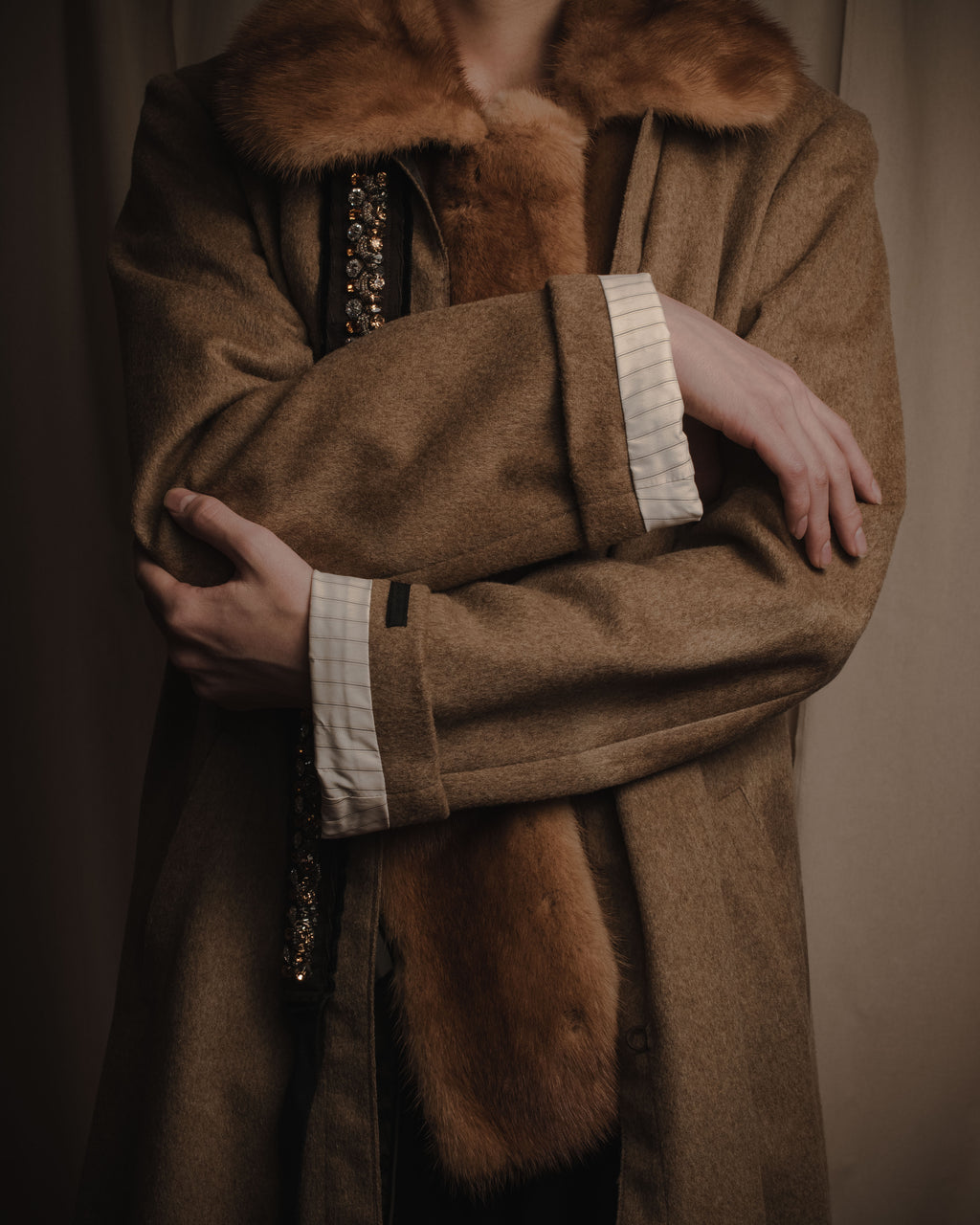 "PRADA" 90’s-00’s embellished fur-collar stretch tech coat