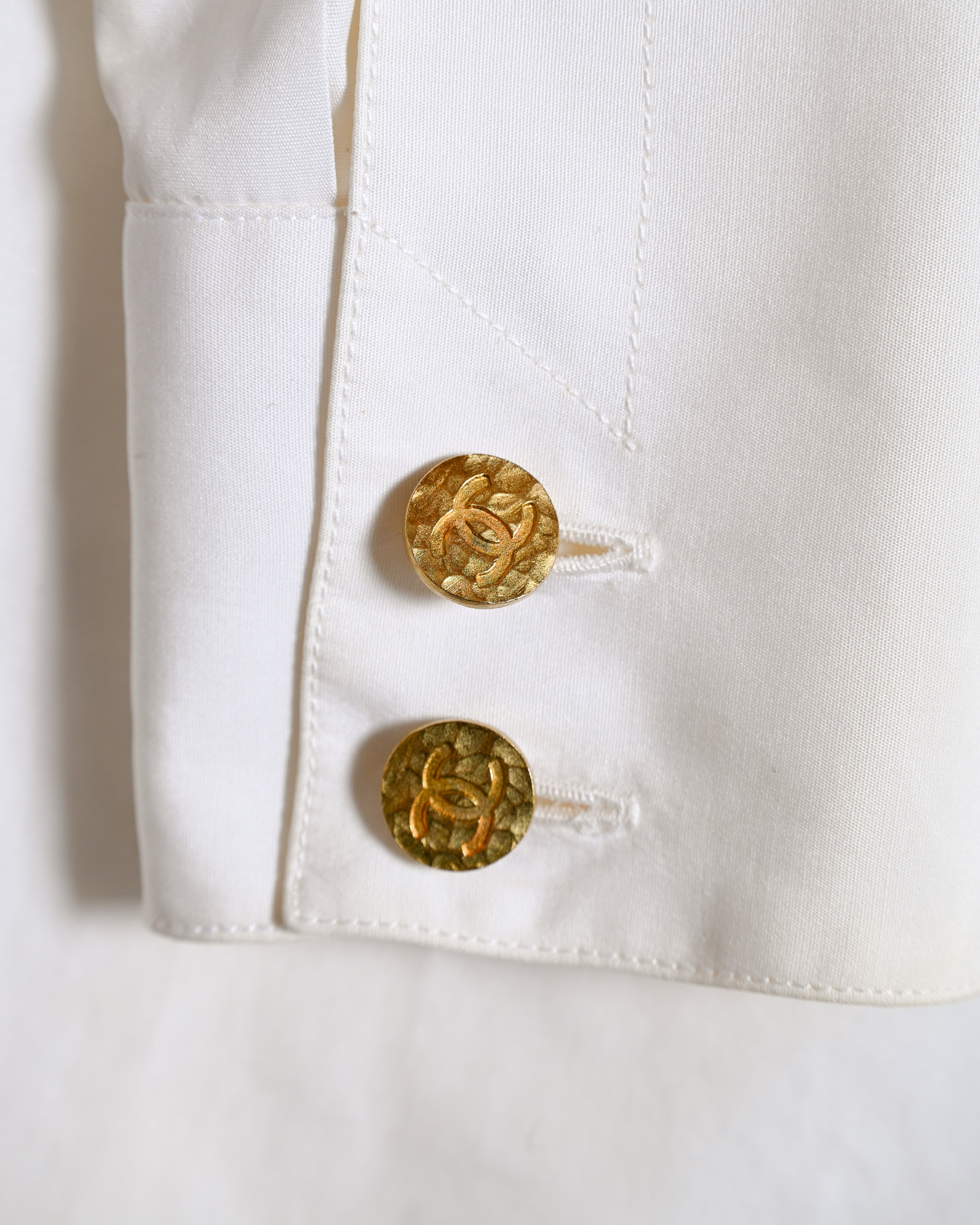 CHANEL/  Front Pleats Designed Fly Front Shirt with Gold CC Button