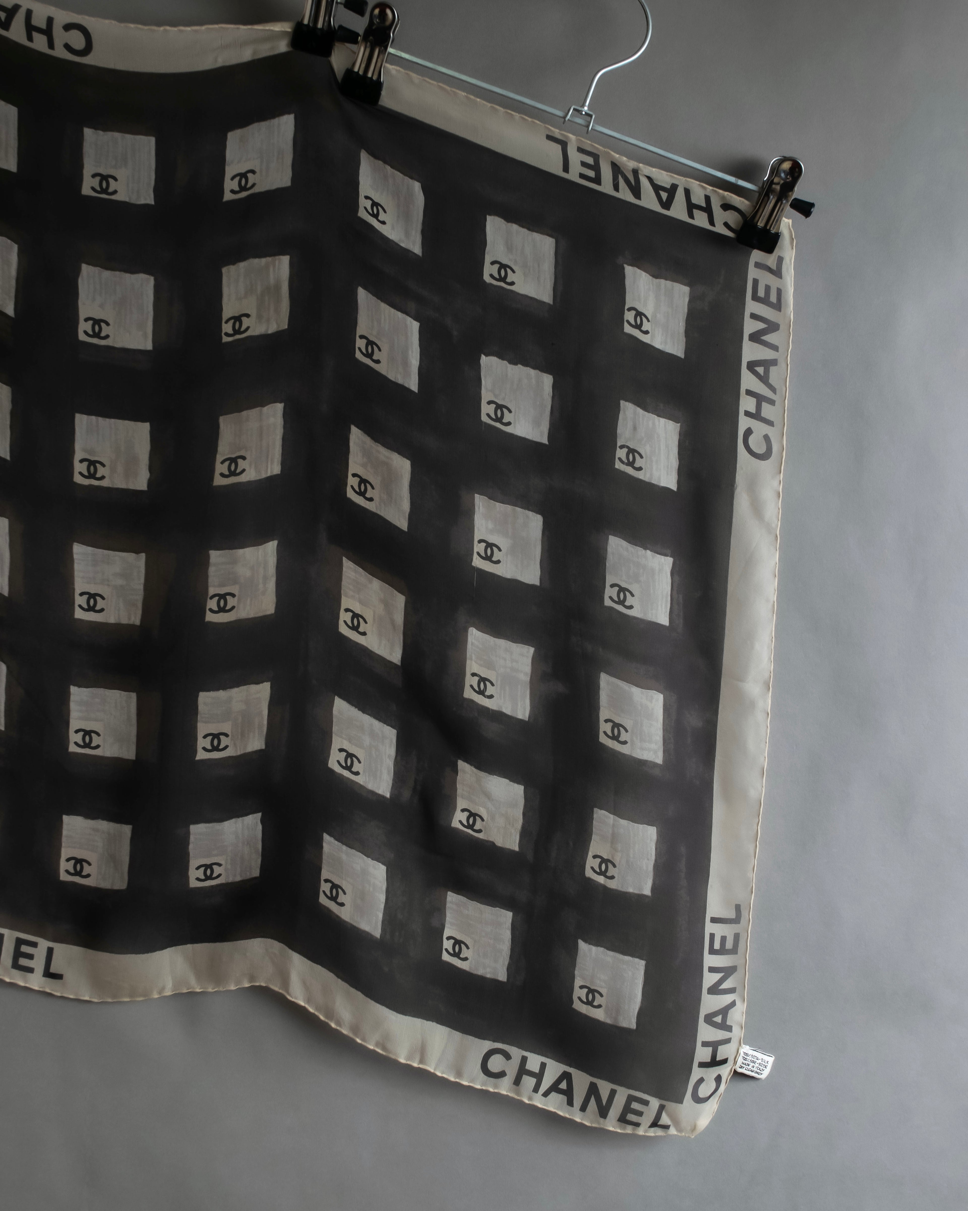 "CHANEL" Coco mark grid pattern silk scarf