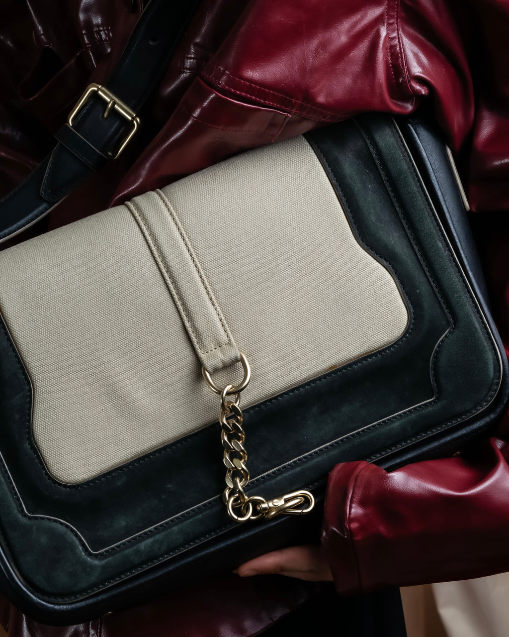 "Chloe" Leather &amp; canvas combination design chain crossbody bag