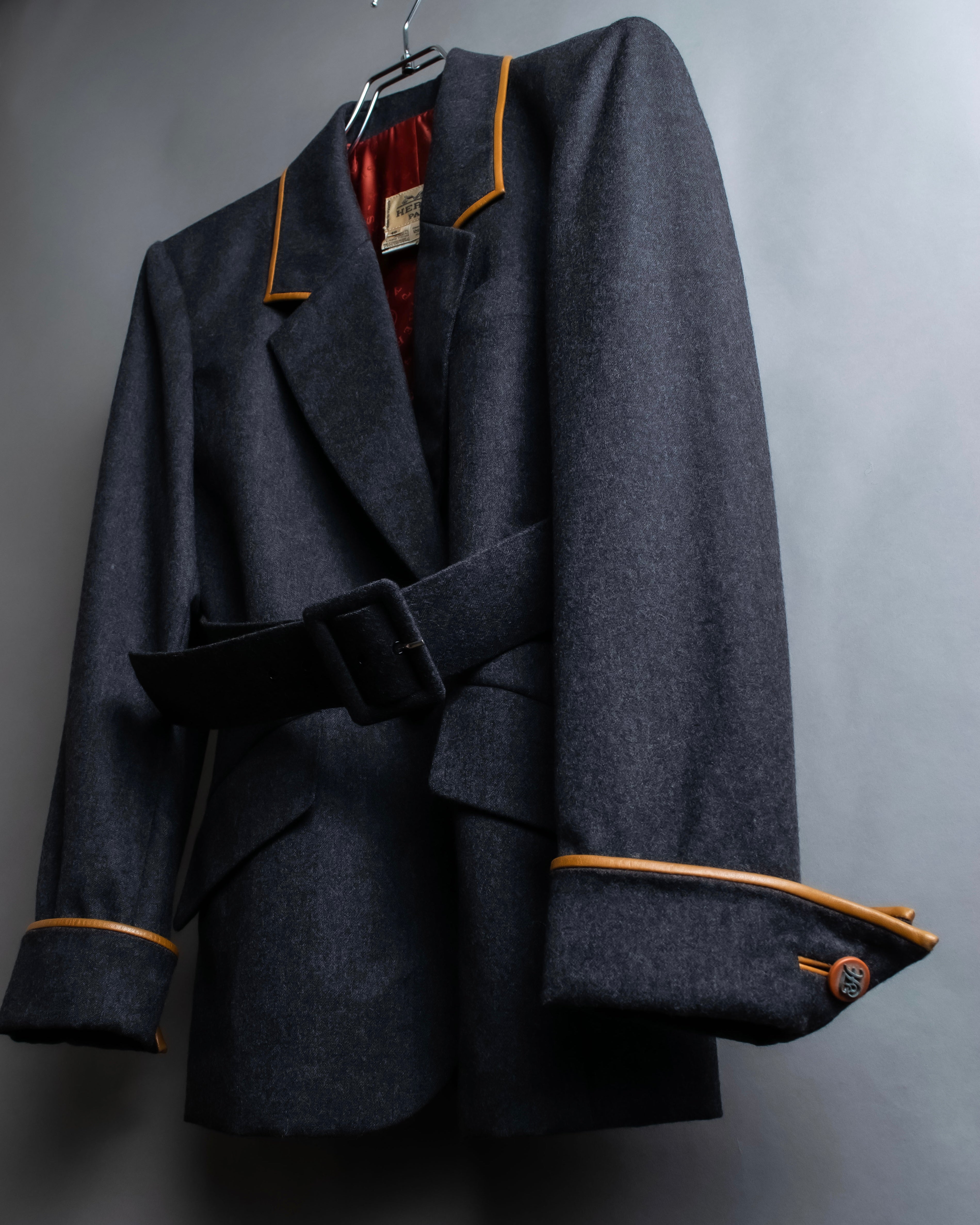 "HERMES" Vintage leather piping design belted tailored jacket