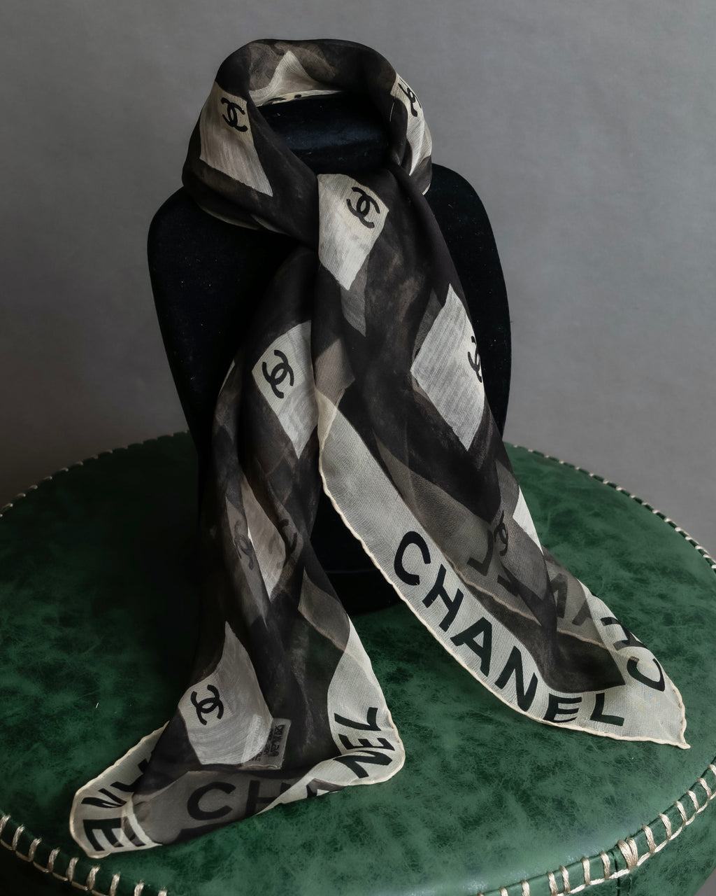 "CHANEL" Coco mark grid pattern silk scarf