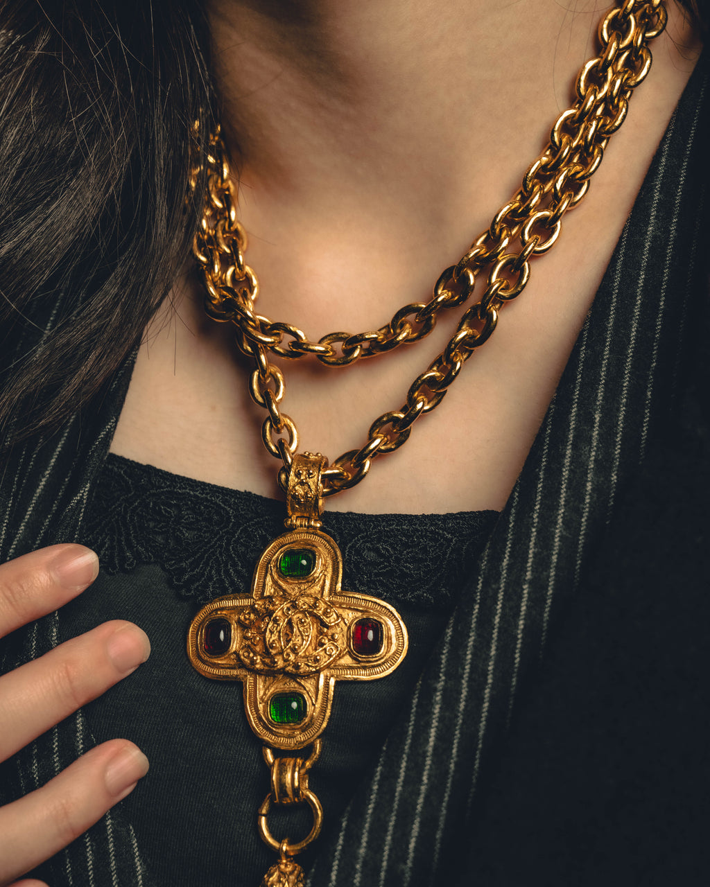 -SPECIAL- “CHANEL” 1994 AW Gripoix glass cross pendant tassel necklace