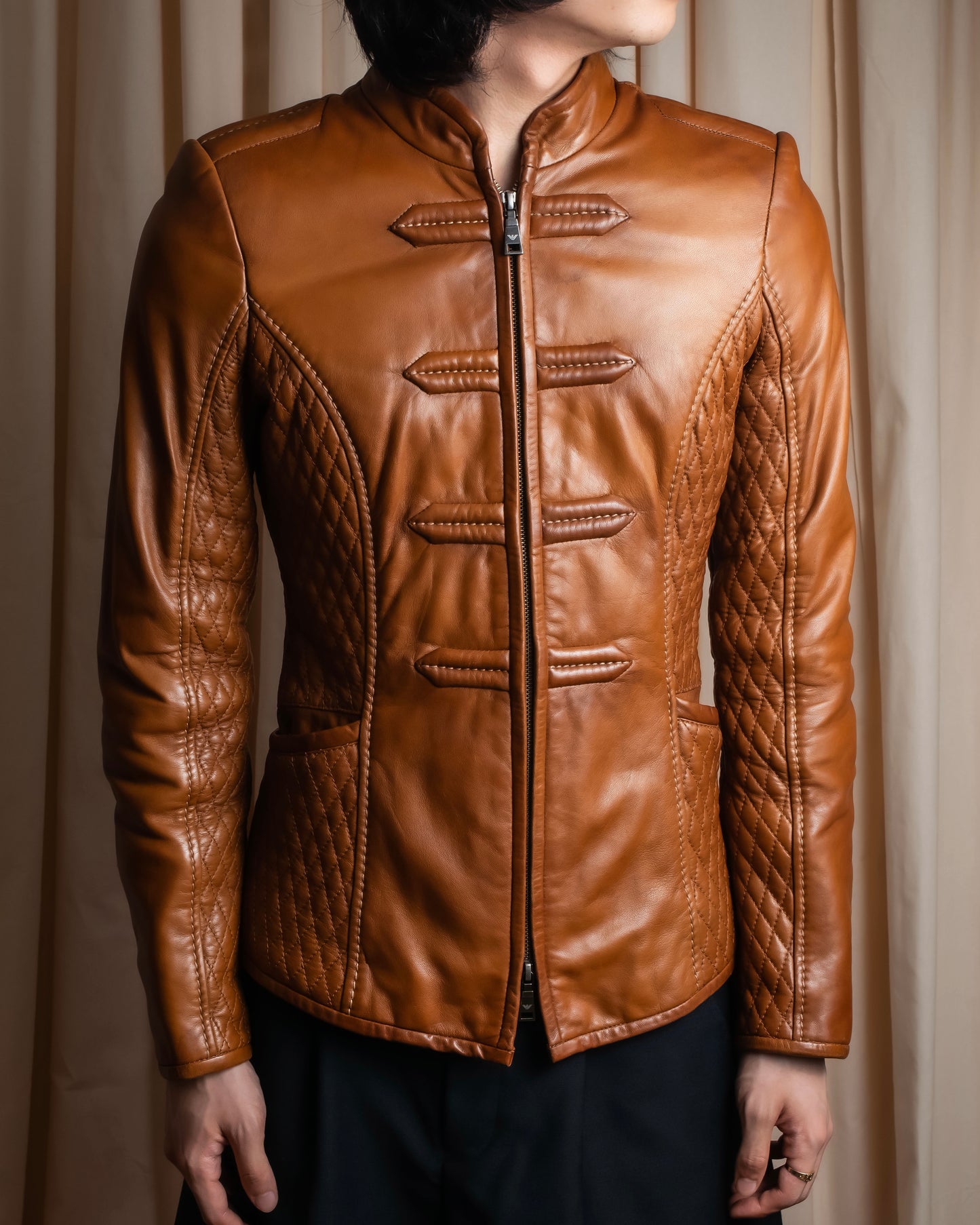 "EMPORIO ARMANI"  Quilted design brown color leather jacket