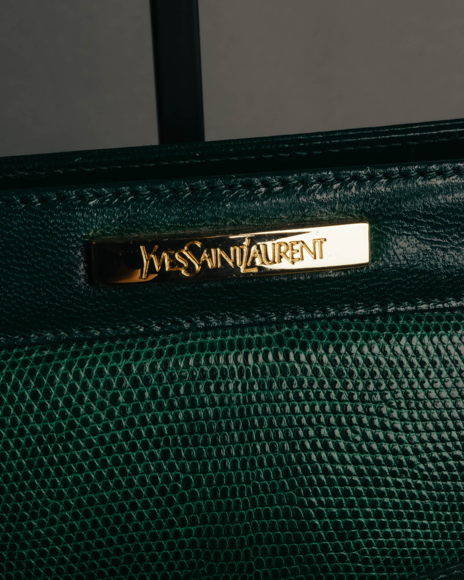 -SPECIAL- "Yves Saint Laurent" 80's-90's Glossy green exotic leather shoulder handbag