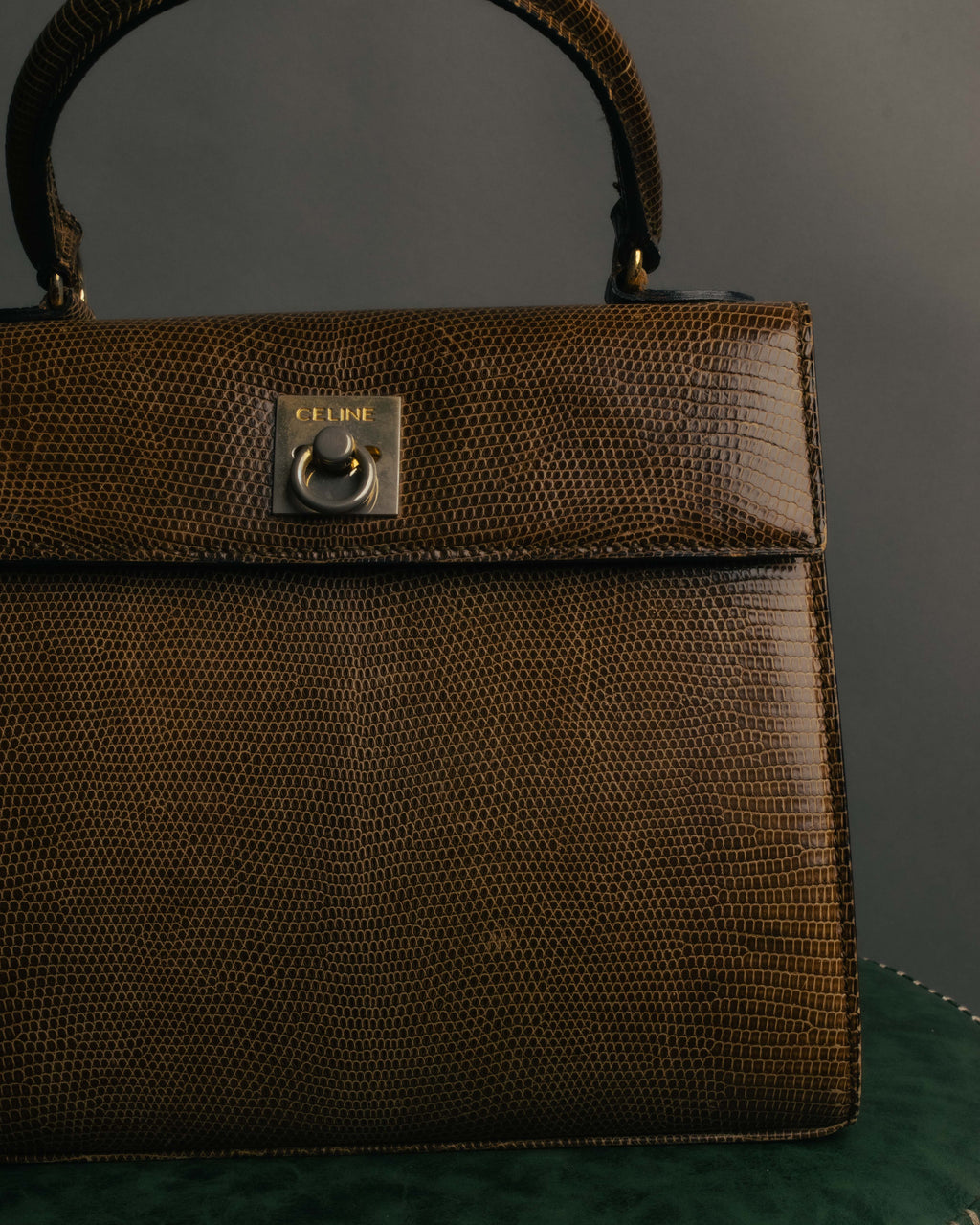 "CELINE" 70's-80's Structured lizard embossed leather top handle handbag