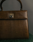 "CELINE" 70's-80's Structured lizard embossed leather top handle handbag