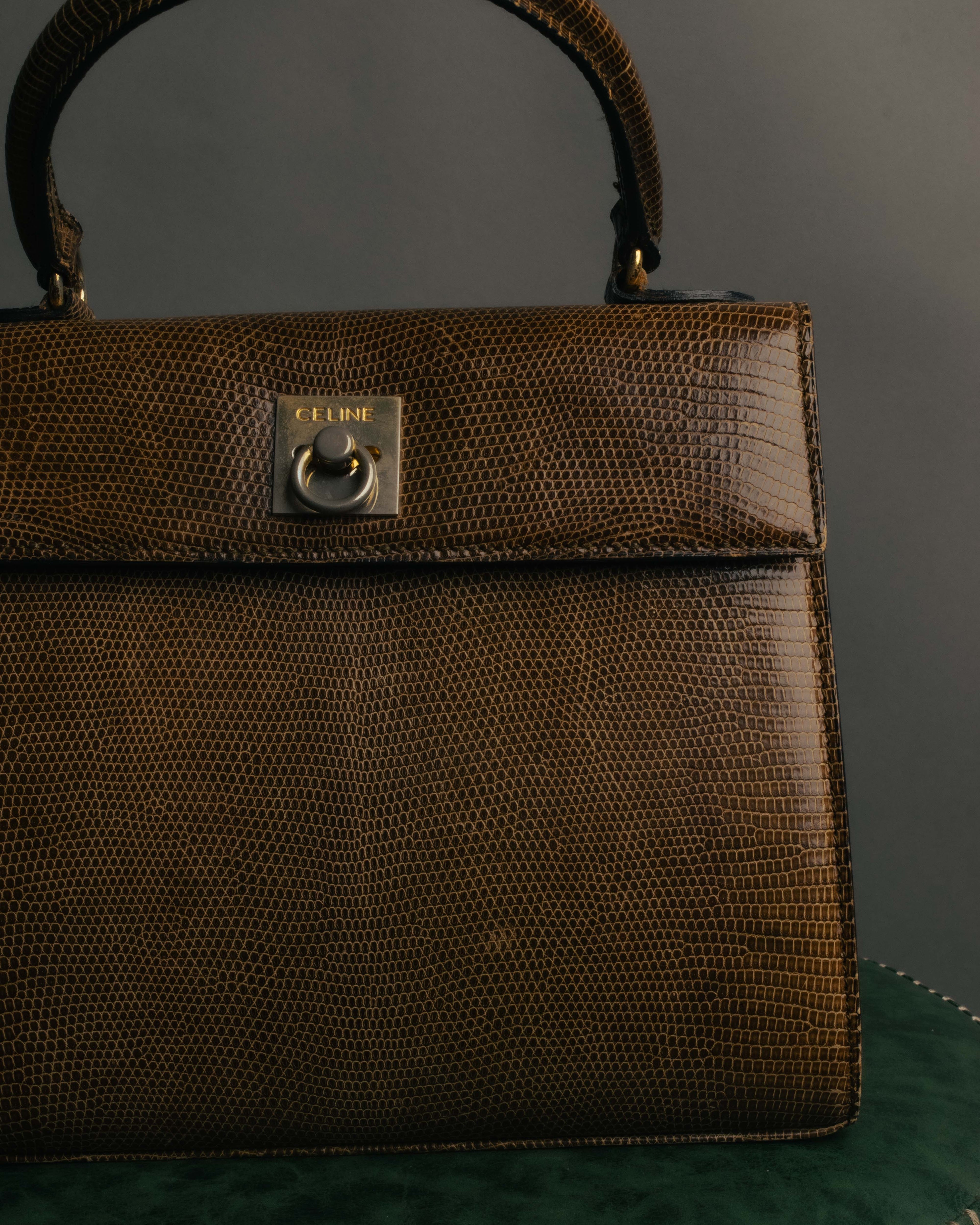 "CELINE" 70's-80's Structured lizard embossed leather top handle handbag