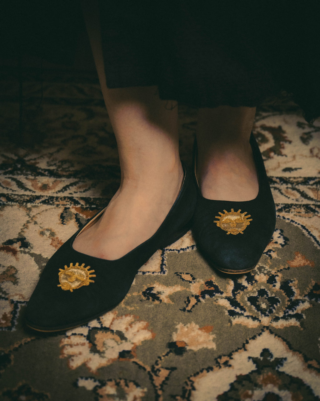 -SPECIAL- "Hermès" 80's-90's Gold embroidered suede loafers