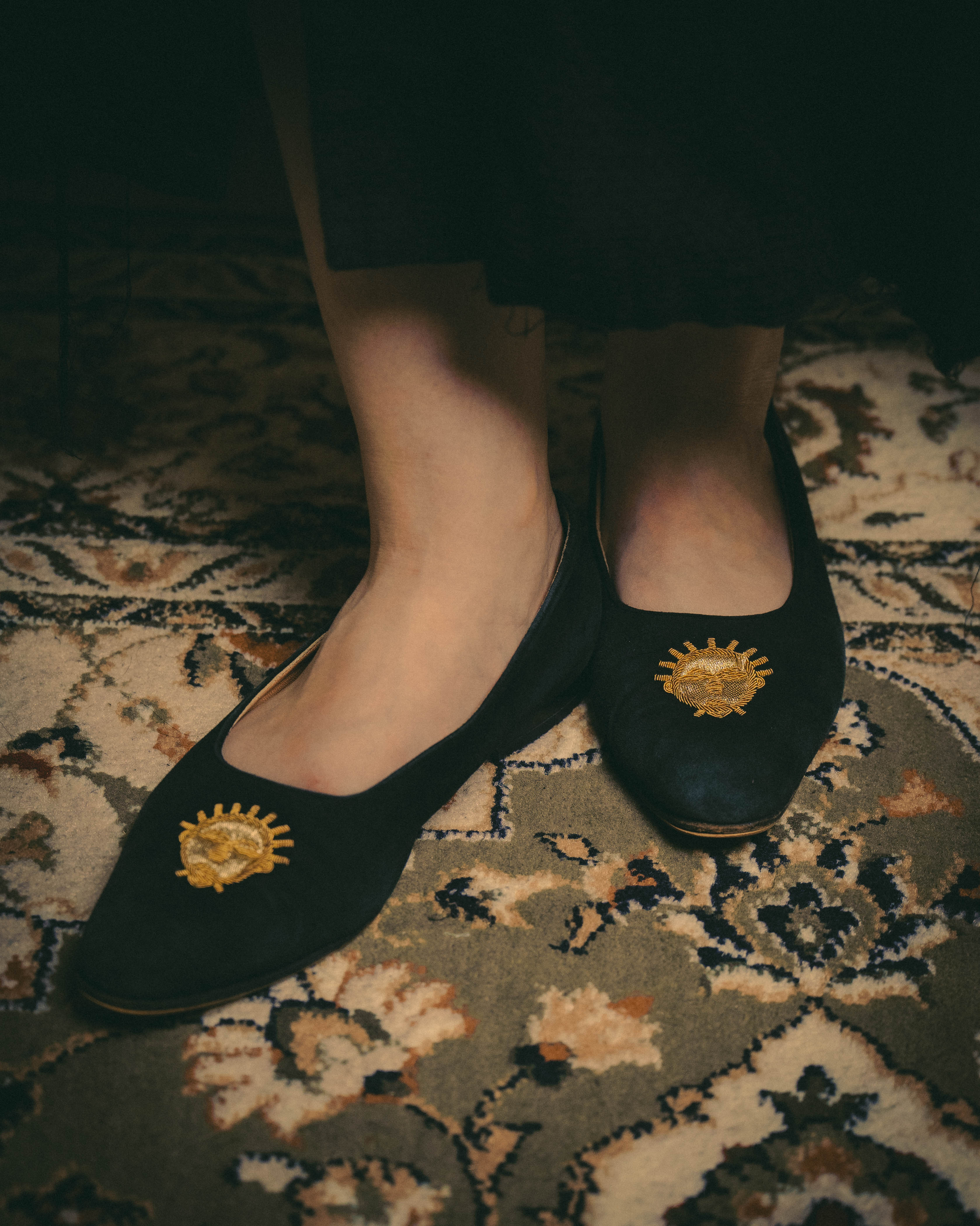 -SPECIAL- "Hermès" 80's-90's Gold embroidered suede loafers