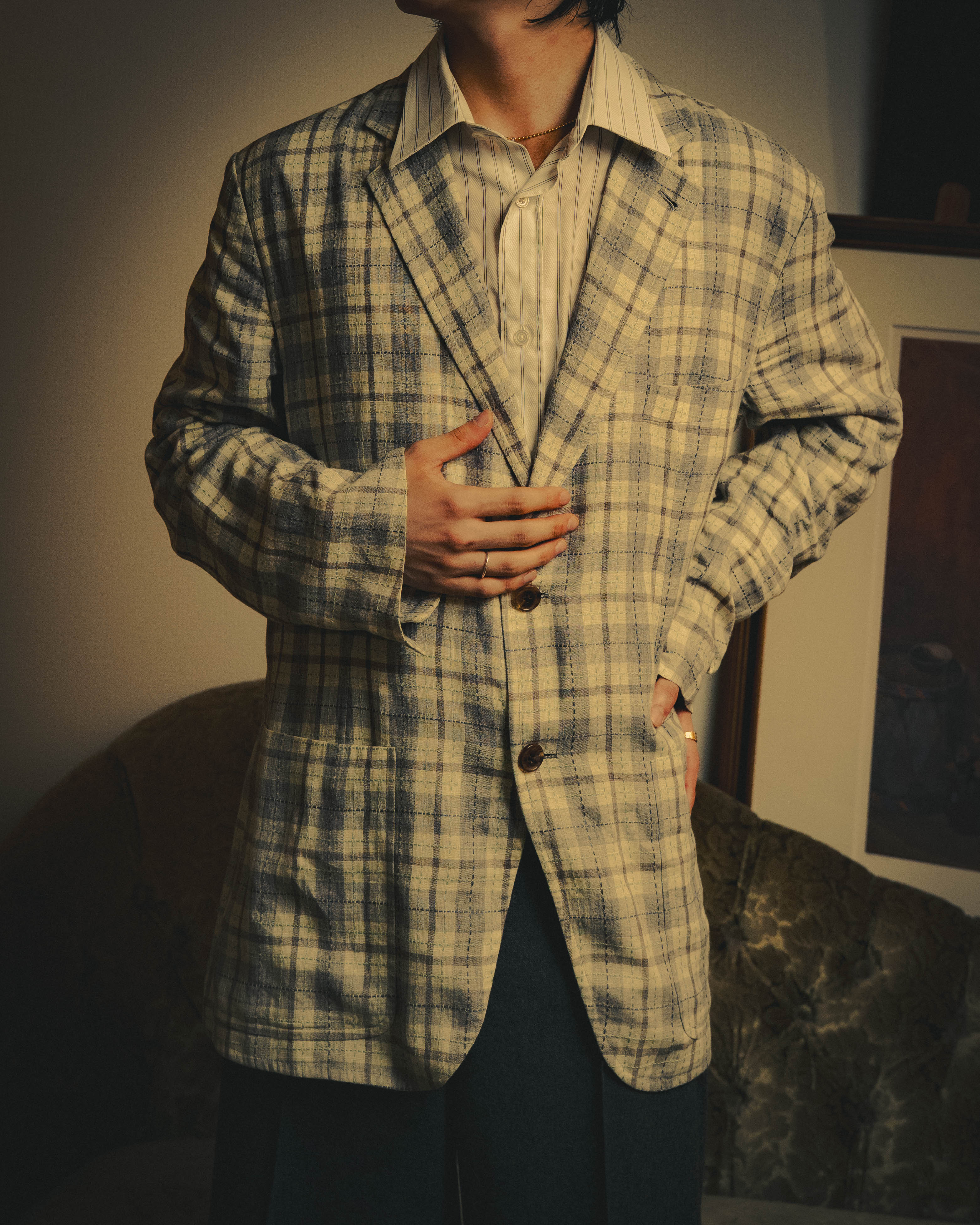 -SPECIAL- "Hermès" 10's Textured linen blend check blazer