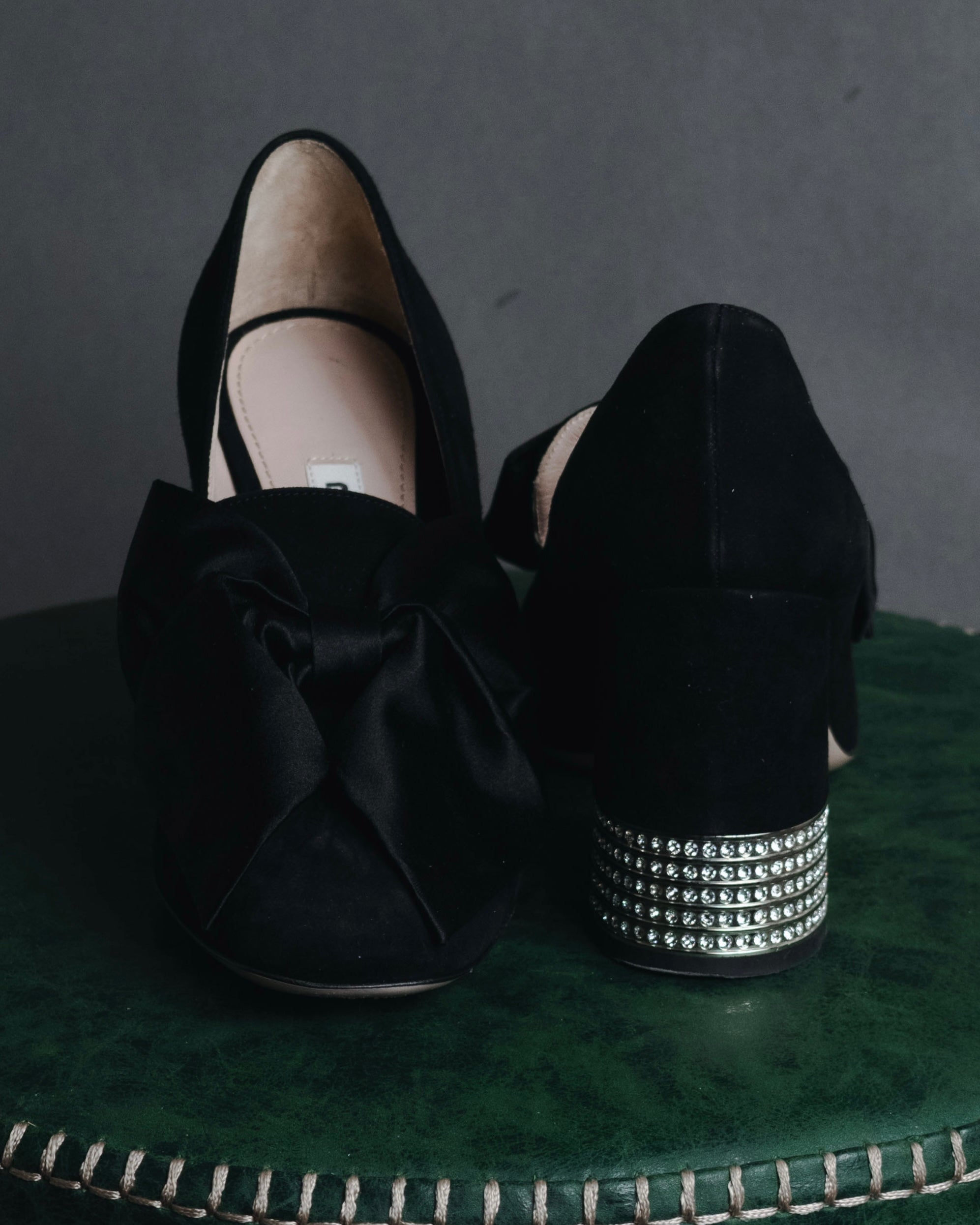 "miu miu" 2010s Jewel heel suede bow pumps