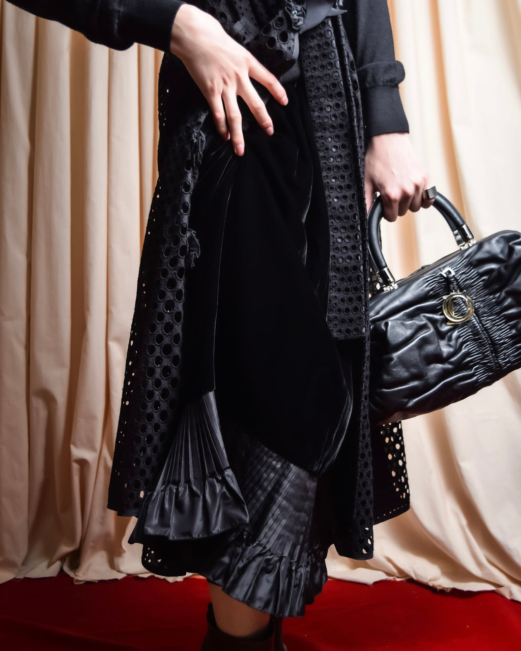 "CELINE" Pleated satin hem velvet flare skirt