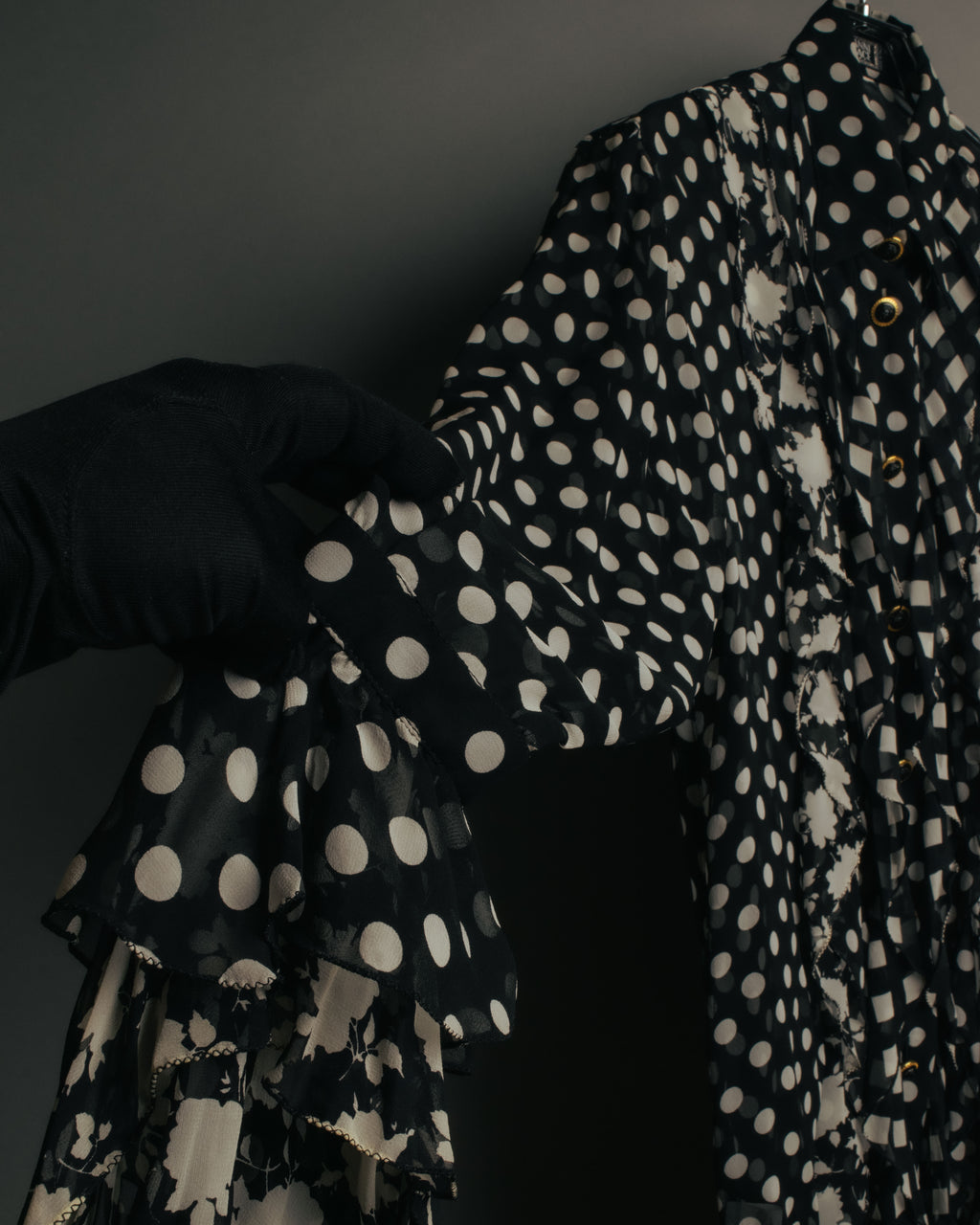 “GIANNI VERSACE COUTURE” 90’s Sheer mixed pattern ruffle blouse