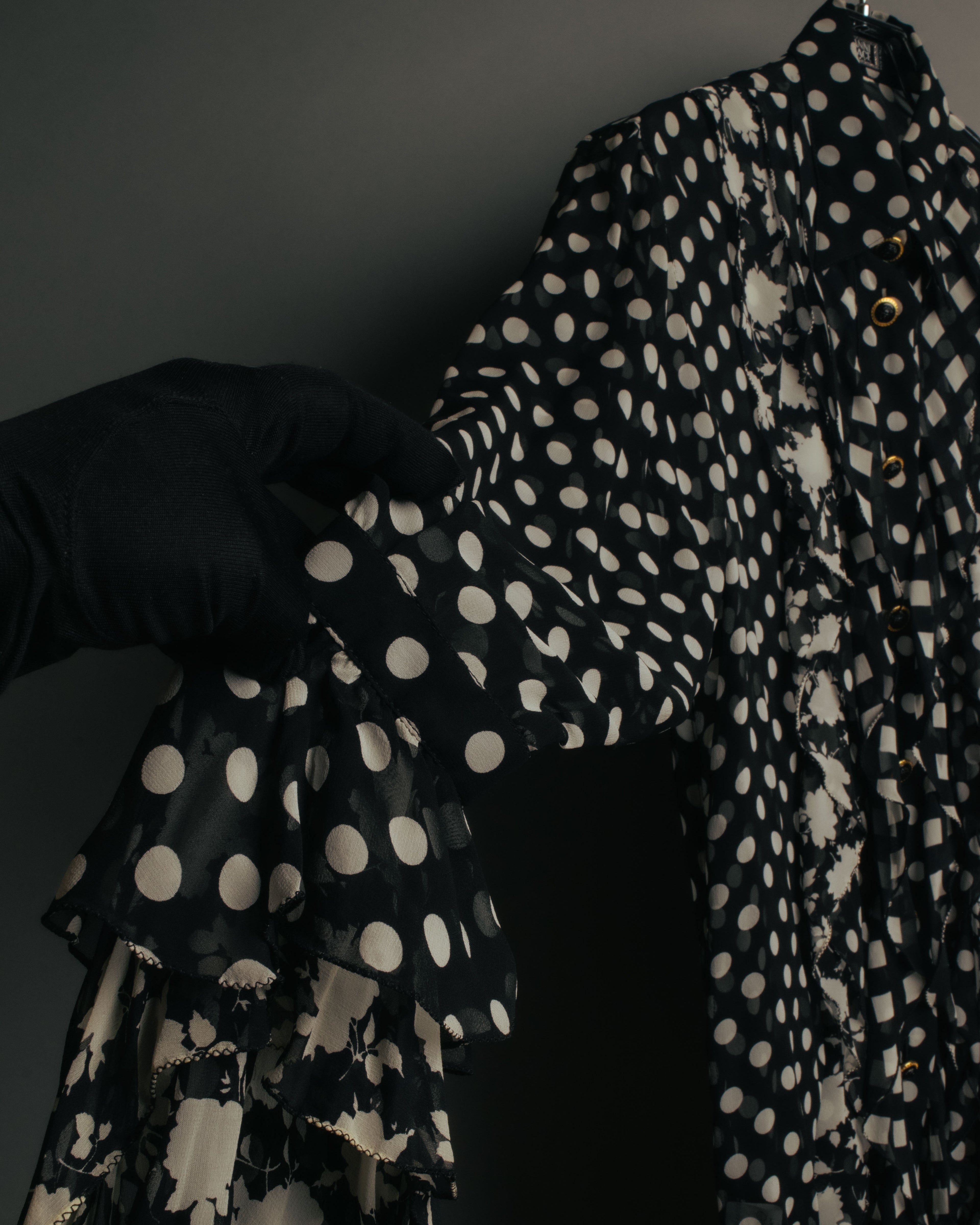 “GIANNI VERSACE COUTURE” 90’s Sheer mixed pattern ruffle blouse