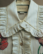 -SPECIAL- “GUCCI” 2017-2019 Floral embroidered ruffled striped shirt