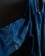"Vintage gathered sleeve design denim long coat"