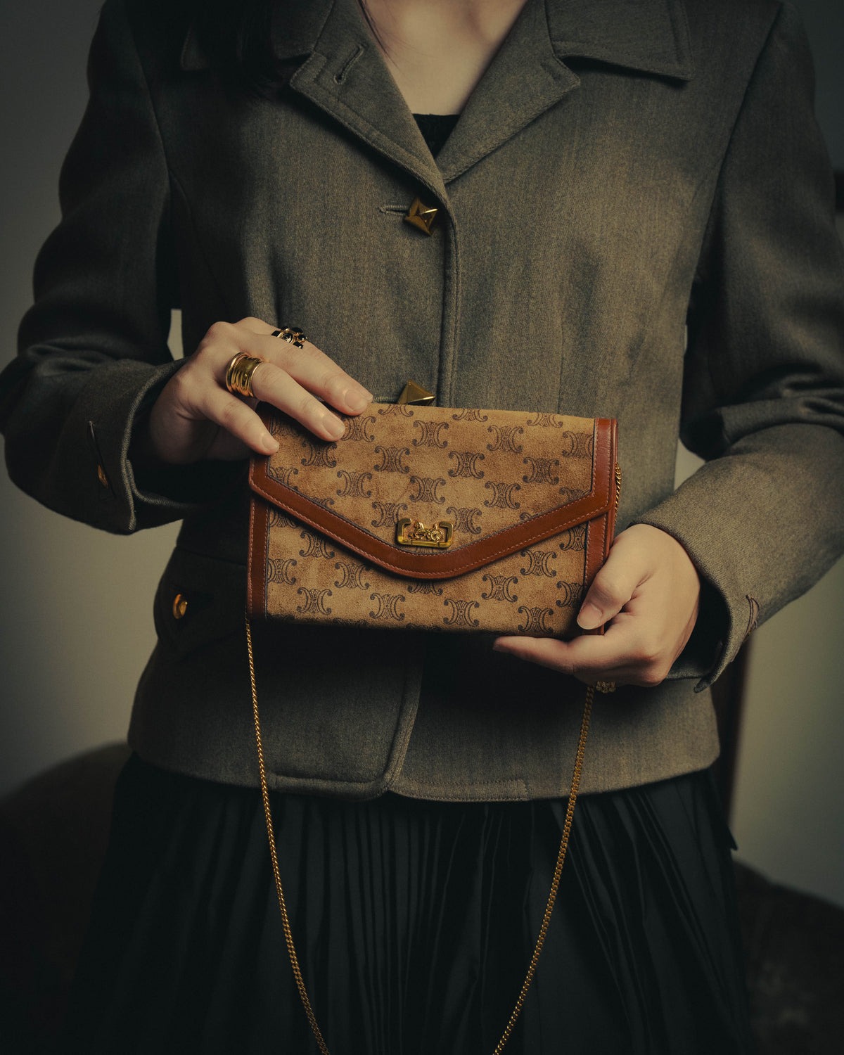 –SPECIAL– "CÉLINE" 70's-80's Vintage monogram suede chain shoulder bag