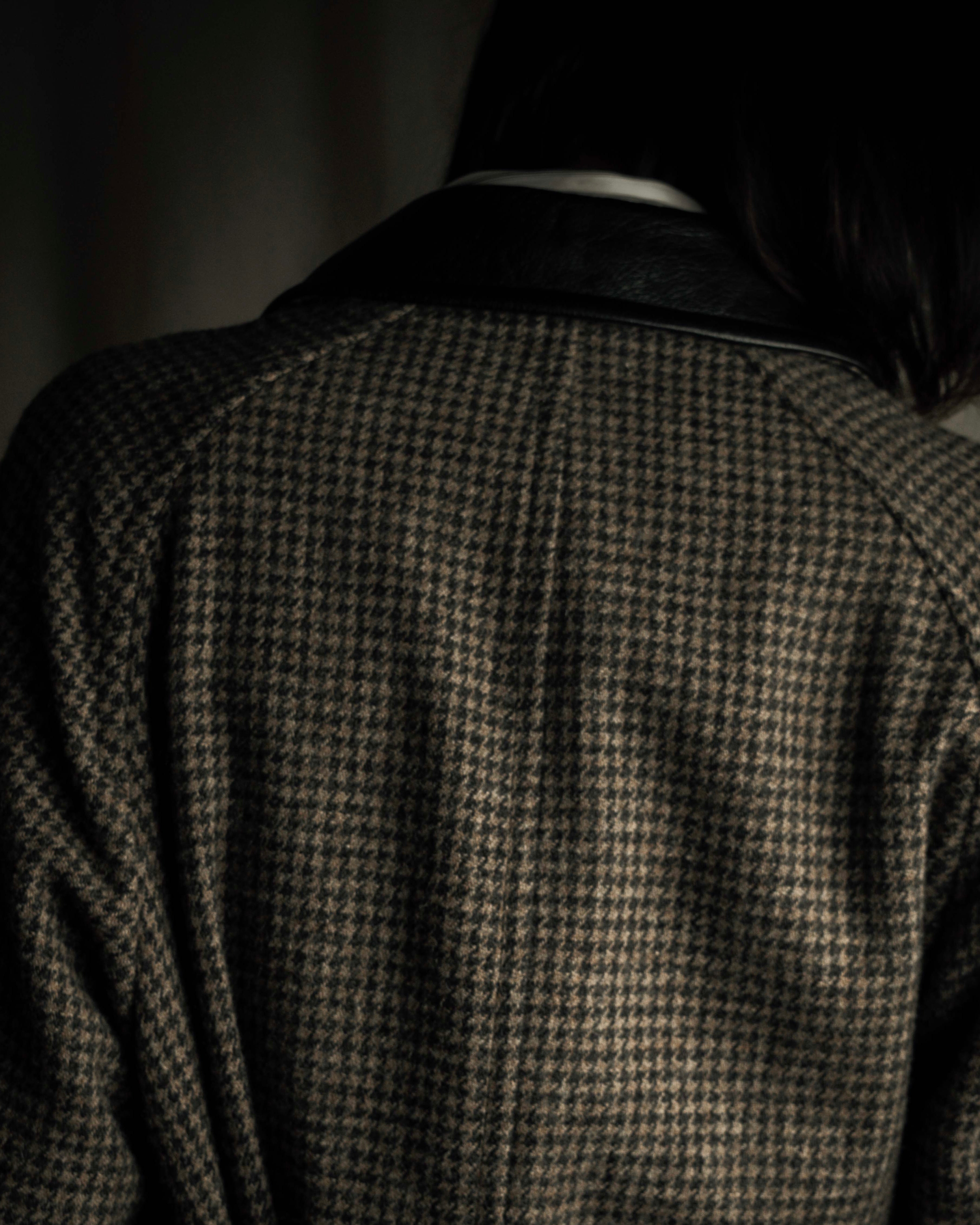 "tricot COMME des GARCONS" Leather collar design houndstooth pattern oversized long coat