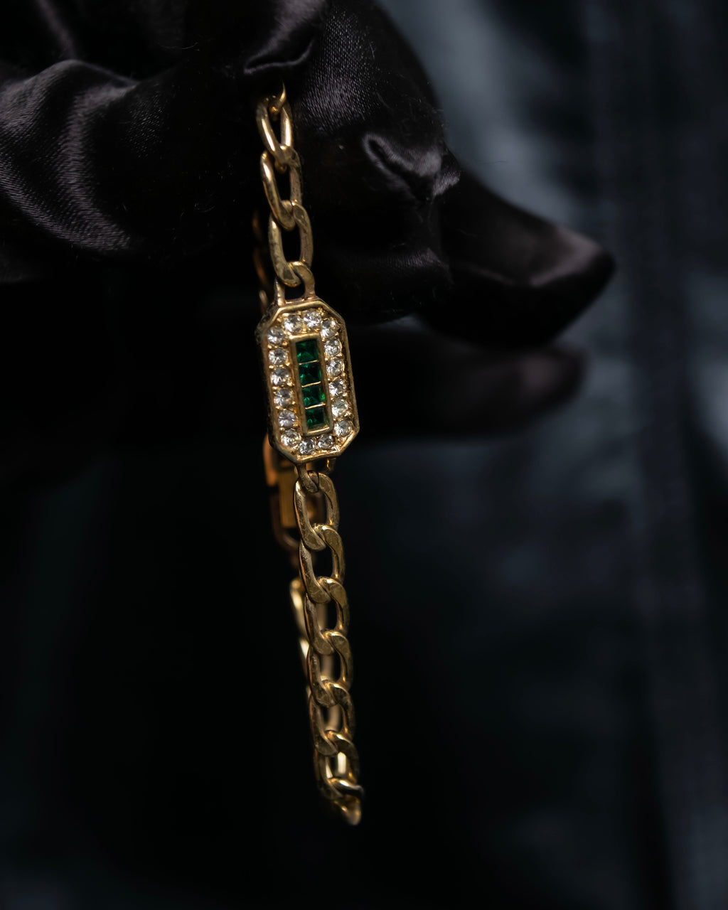 “Christian Dior” green & clear crystal designed gold chain bracelet