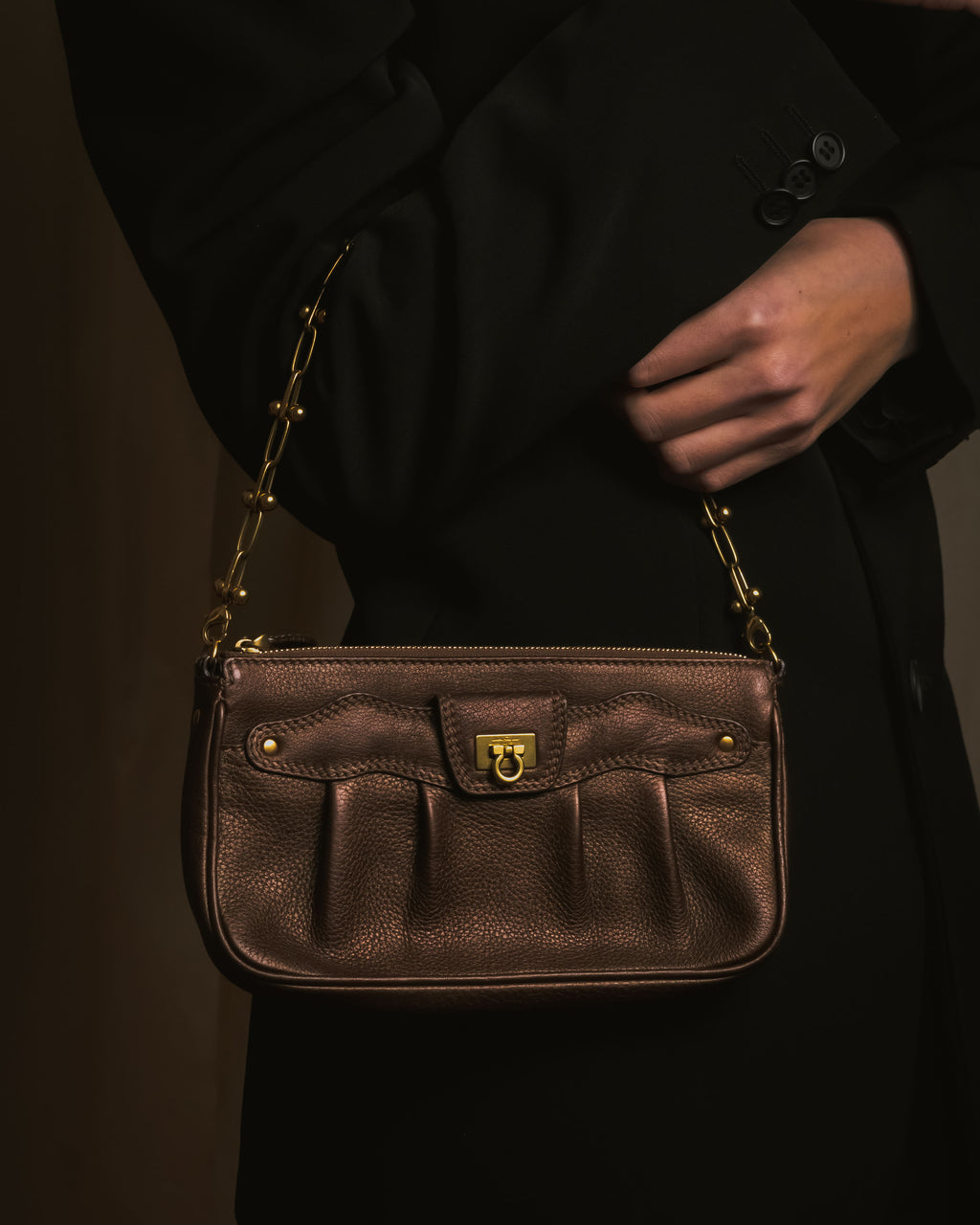 "Salvatore Ferragamo" 2000’s gathered metallic leather ball-link shoulder bag