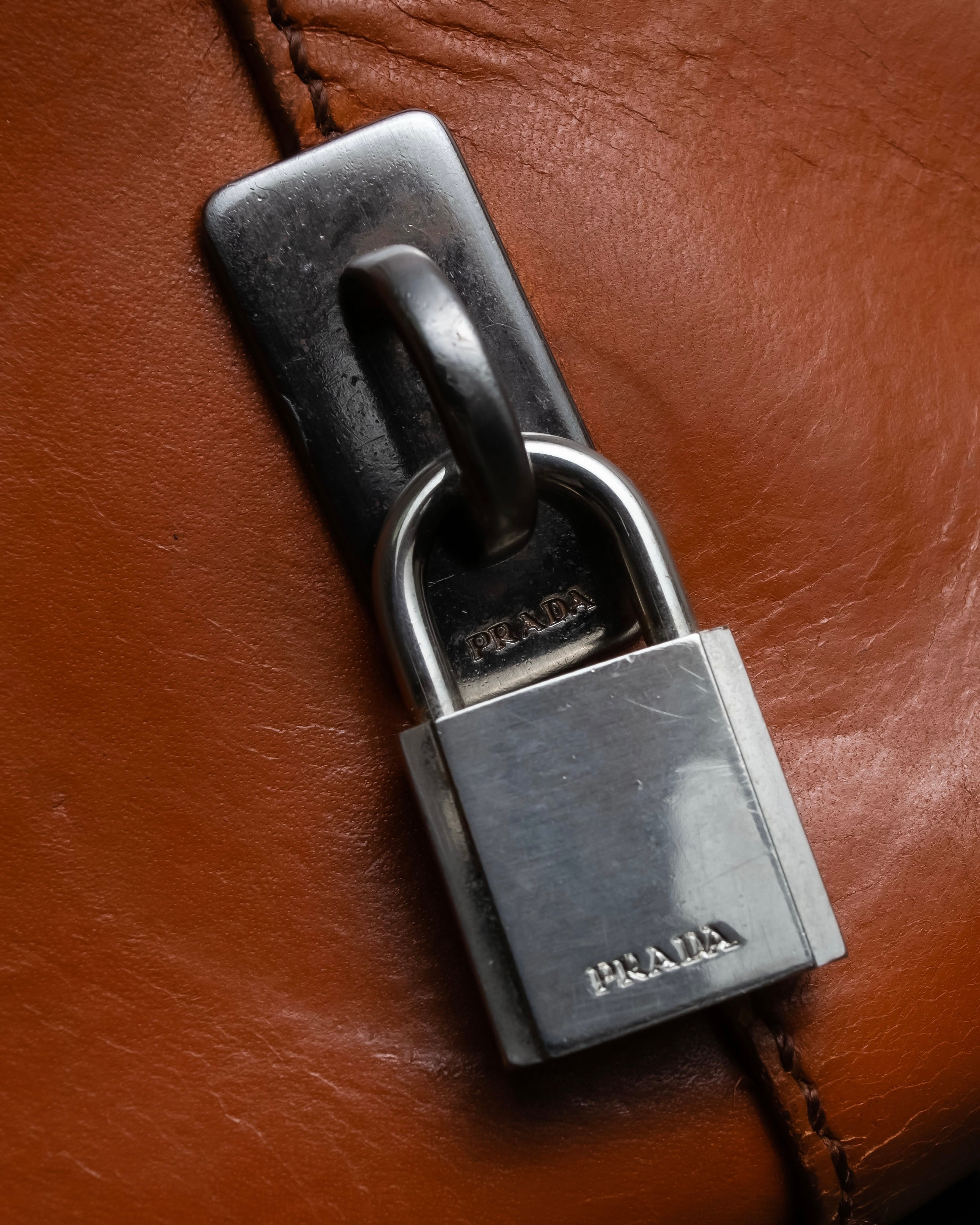"PRADA" Belt flap detail rounded boston leather bag