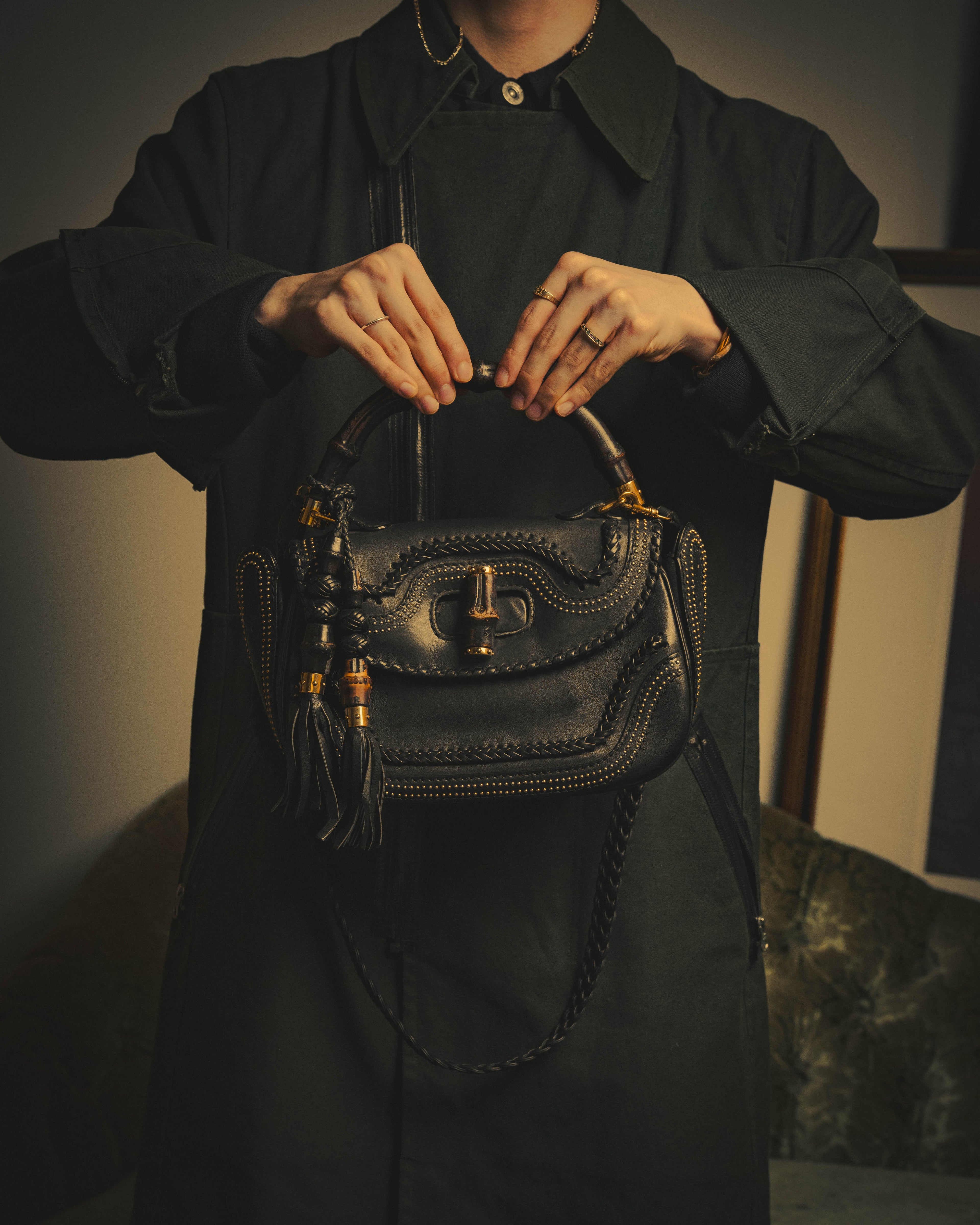 –SPECIAL– "GUCCI" 10's Embellished bamboo leather handbag